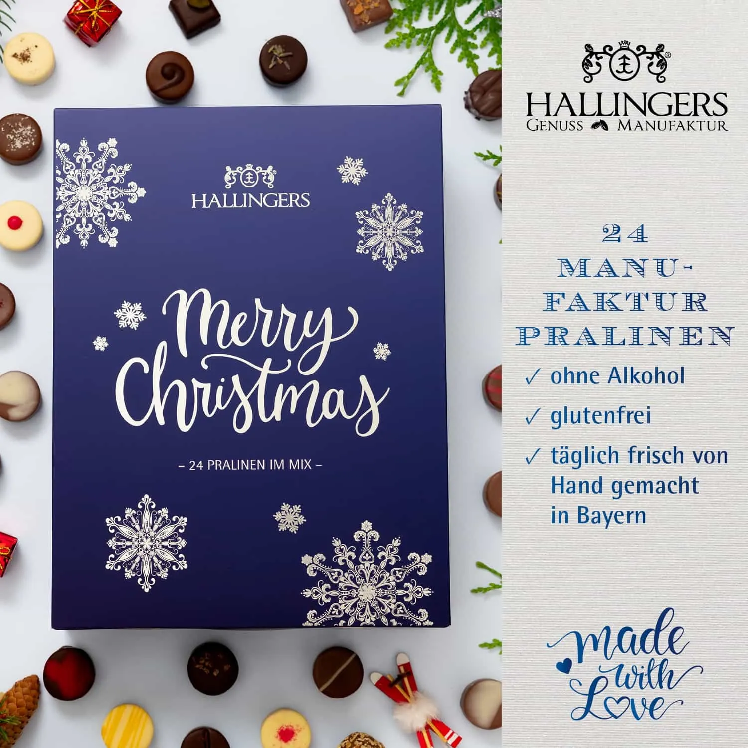 PRALINEN ADVENTSKALENDER OHNE ALKOHOL - Edle handgemachte Pralinen aus feinstem Edelkakao, stilvoll verpackt im hochwertigen Softfeel-Buchkarton. Die besondere Geschenkidee für 24 genussvolle Momente in der Adventszeit