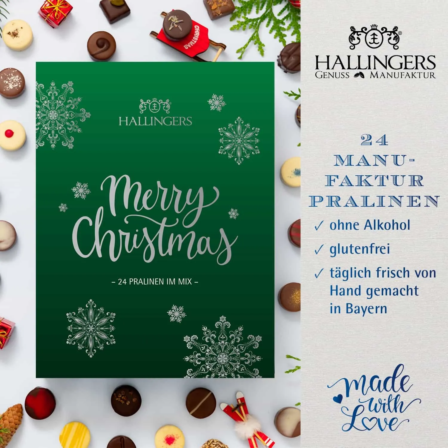PRALINEN ADVENTSKALENDER OHNE ALKOHOL - Edle handgemachte Pralinen aus feinstem Edelkakao, stilvoll verpackt im hochwertigen Softfeel-Buchkarton. Die besondere Geschenkidee für 24 genussvolle Momente in der Adventszeit
