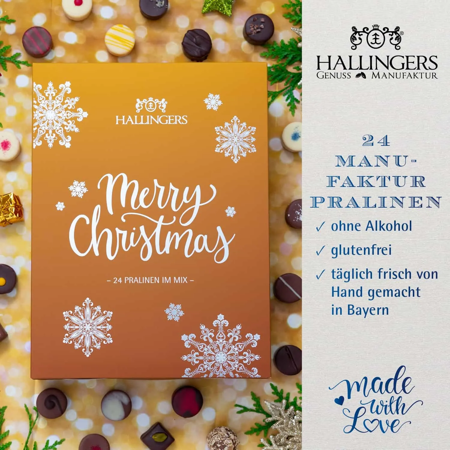 PRALINEN ADVENTSKALENDER OHNE ALKOHOL - Edle handgemachte Pralinen aus feinstem Edelkakao, stilvoll verpackt im hochwertigen Softfeel-Buchkarton. Die besondere Geschenkidee für 24 genussvolle Momente in der Adventszeit