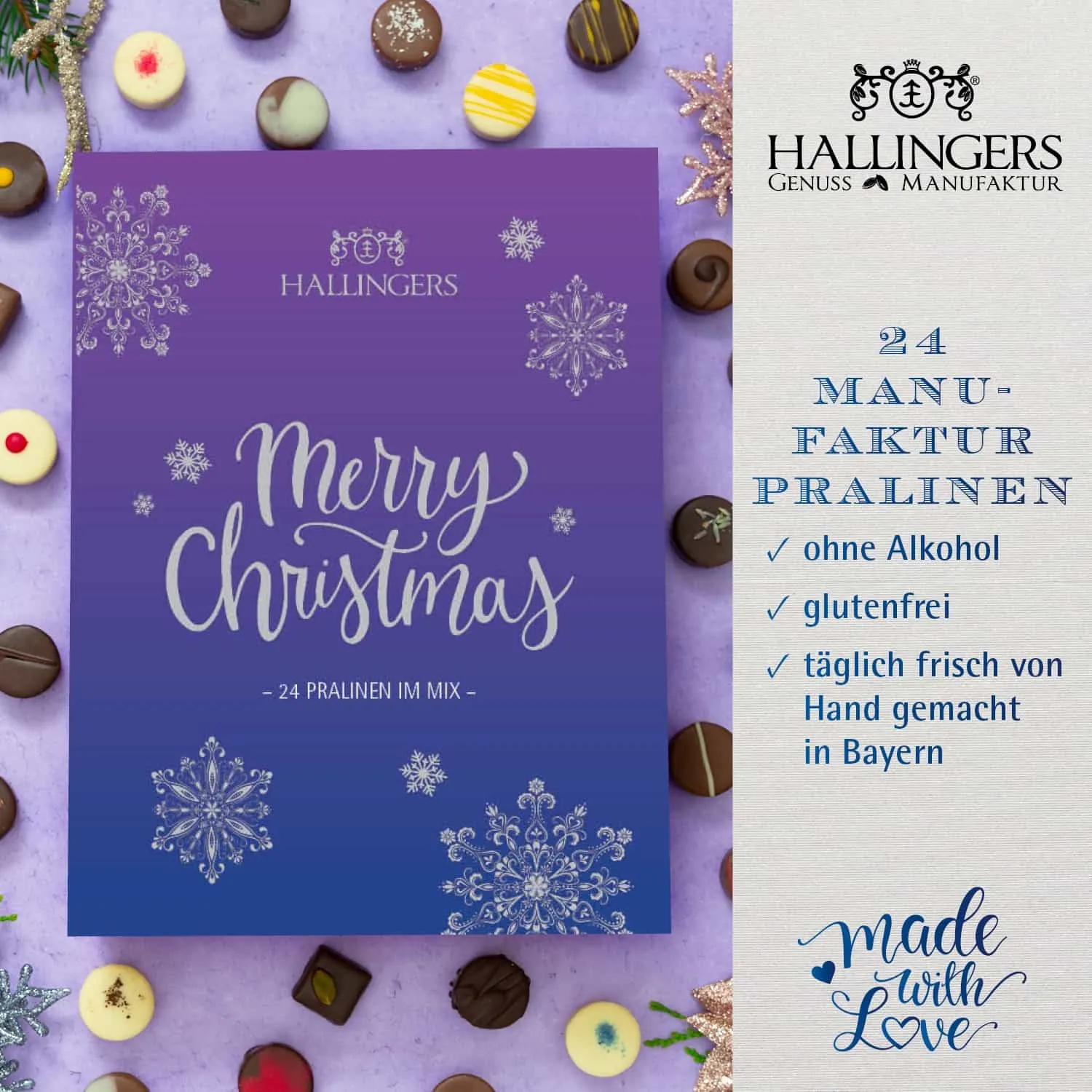 PRALINEN ADVENTSKALENDER OHNE ALKOHOL - Edle handgemachte Pralinen aus feinstem Edelkakao, stilvoll verpackt im hochwertigen Softfeel-Buchkarton. Die besondere Geschenkidee für 24 genussvolle Momente in der Adventszeit