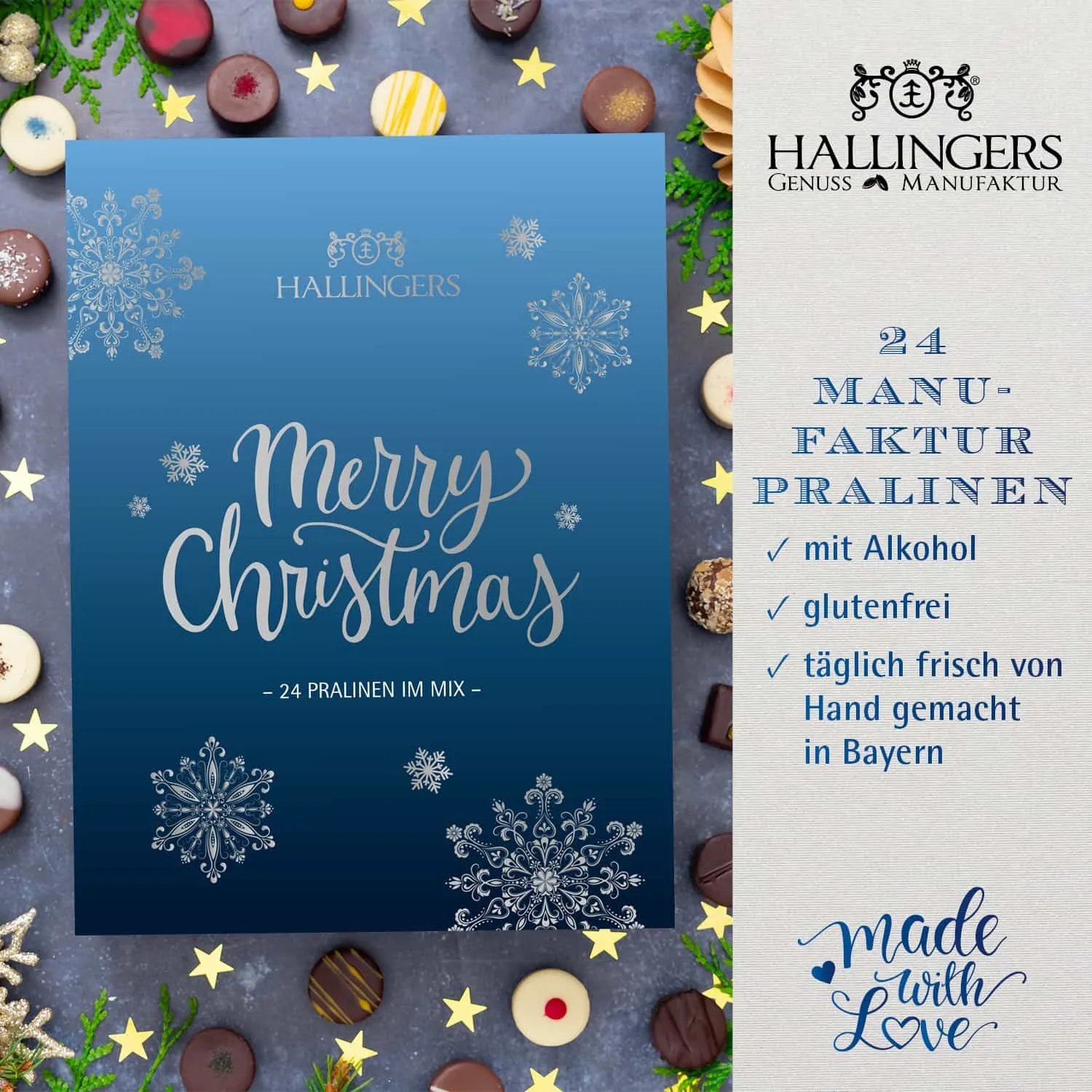 PRALINEN ADVENTSKALENDER MIT & OHNE ALKOHOL - Handgemachte Pralinen aus feinstem Confiserie-Edelkakao, stilvoll verpackt im hochwertigen Softfeel-Buch-Karton. Die besondere Geschenkidee für 24 genussvolle Momente in der Adventszeit