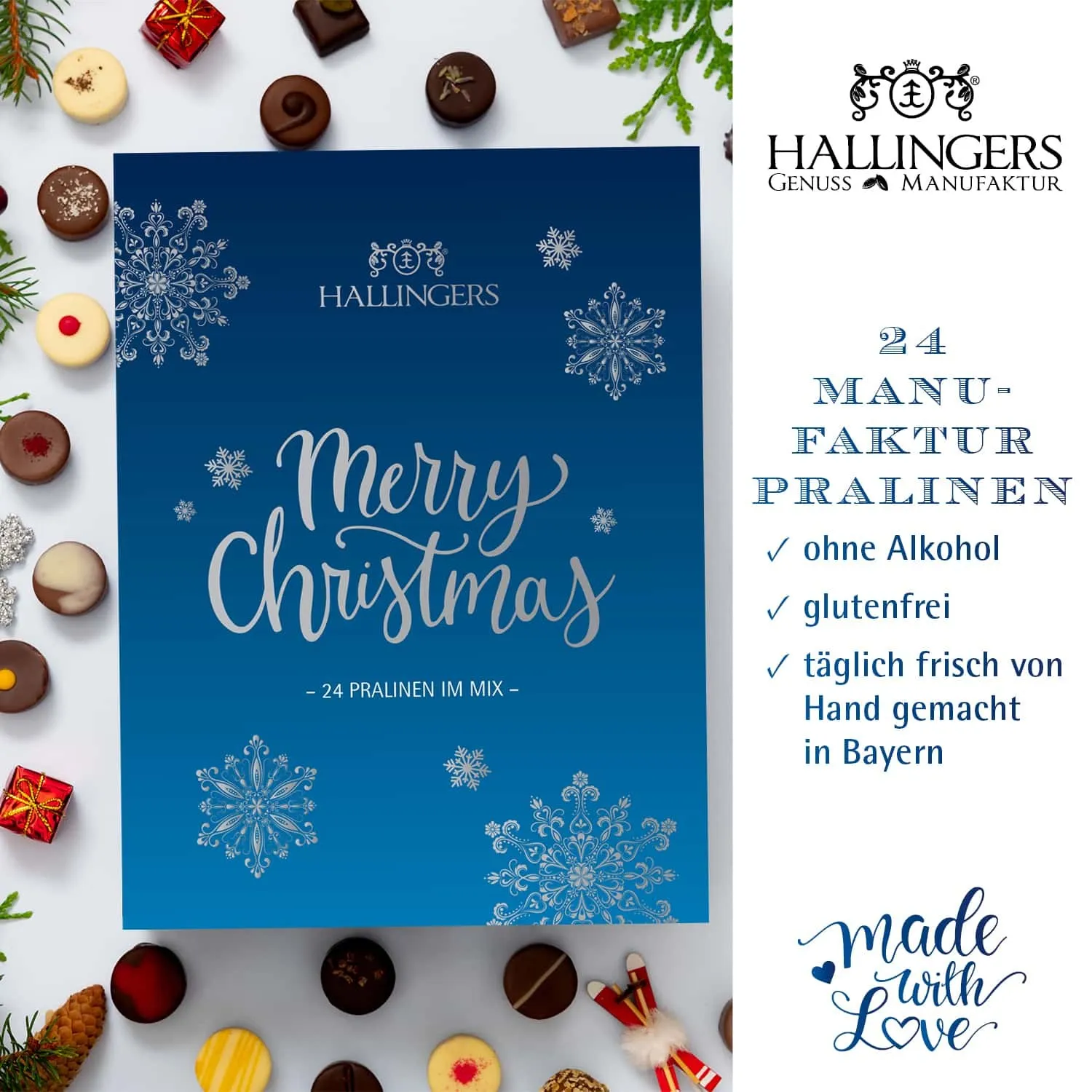 PRALINEN ADVENTSKALENDER OHNE ALKOHOL - Edle handgemachte Pralinen aus feinstem Edelkakao, stilvoll verpackt im hochwertigen Softfeel-Buchkarton. Die besondere Geschenkidee für 24 genussvolle Momente in der Adventszeit