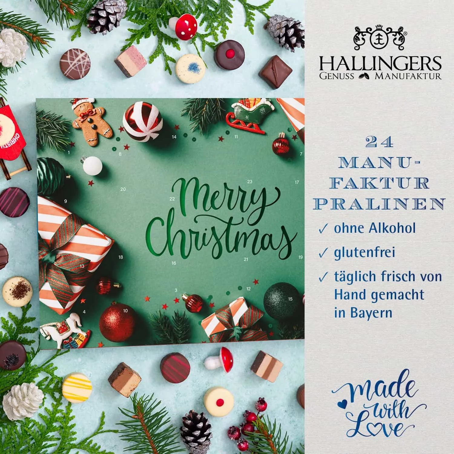 PRALINEN ADVENTSKALENDER OHNE ALKOHOL - Edle handgemachte Pralinen aus feinstem Confiserie-Edelkakao, stilvoll verpackt im hochwertigen Softfeel-Karton. Die besondere Geschenkidee für 24 genussvolle Momente in der Adventszeit