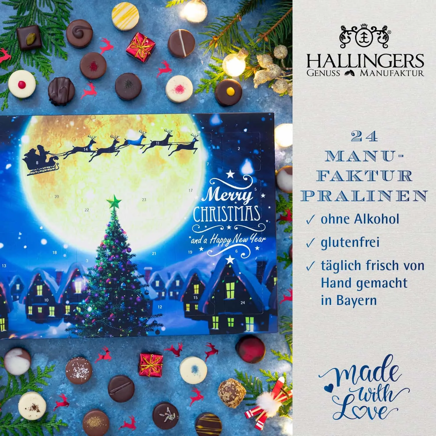 PRALINEN ADVENTSKALENDER OHNE ALKOHOL - Edle handgemachte Pralinen aus feinstem Confiserie-Edelkakao, stilvoll verpackt im hochwertigen Softfeel-Karton. Die besondere Geschenkidee für 24 genussvolle Momente in der Adventszeit