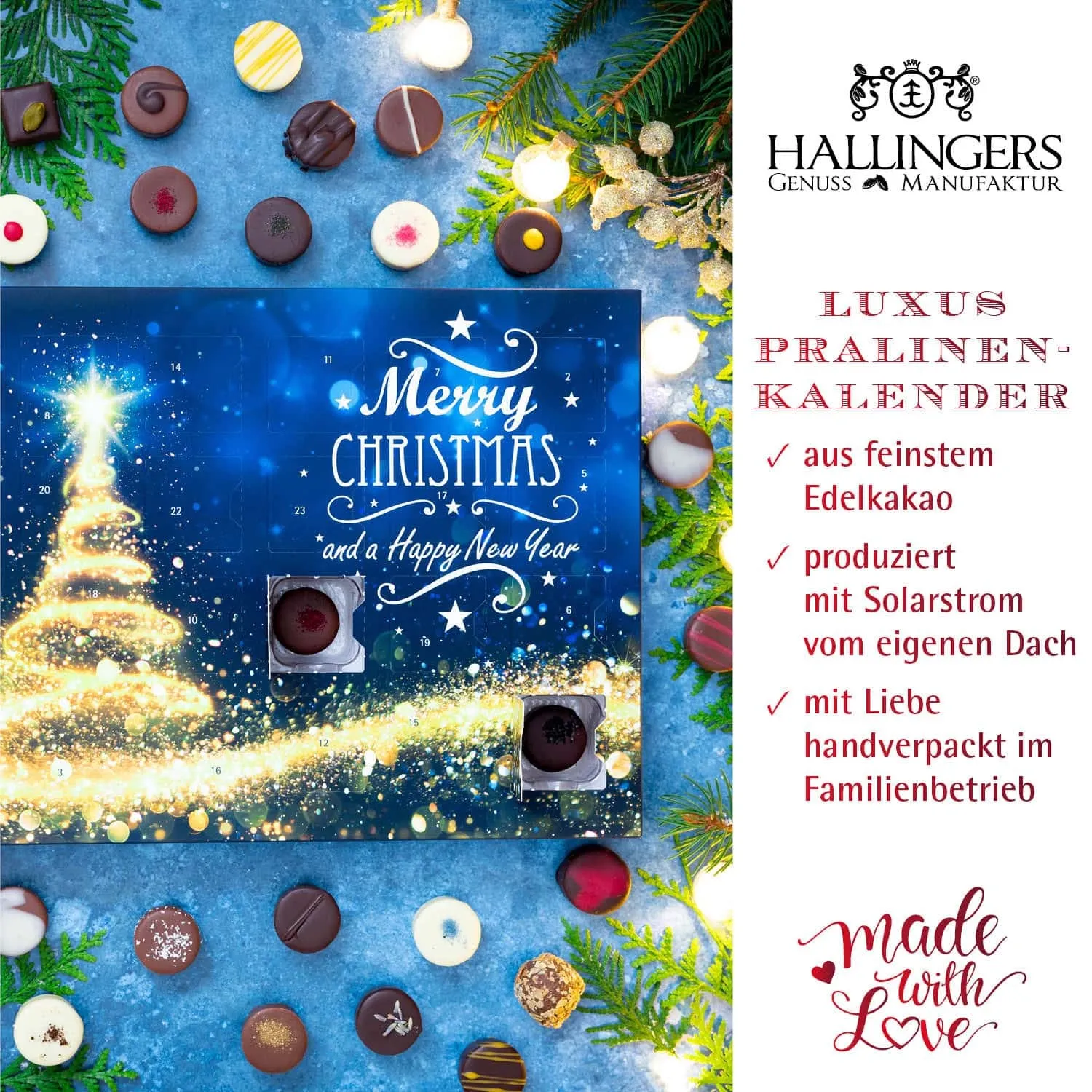 HANDWERK STATT MASSENWARE - Edition \Glitzertanne\: Vergiss billig produzierte Standard-Pralinen mit schöner Verpackung - entscheidend ist nicht nur der erste Eindruck, sondern der Geschmack, der noch lange in Erinnerung bleibt