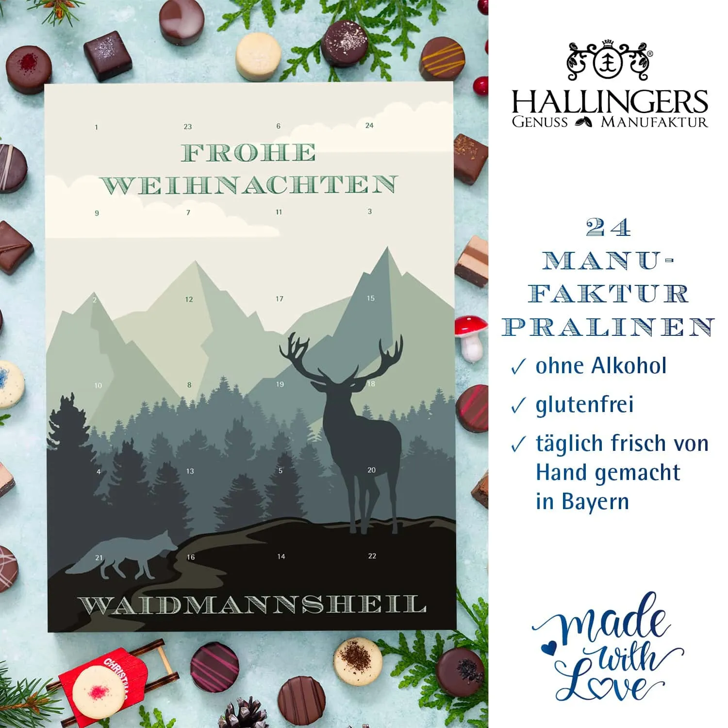 PRALINEN ADVENTSKALENDER OHNE ALKOHOL - Edle handgemachte Pralinen aus feinstem Confiserie-Edelkakao, stilvoll verpackt im hochwertigen Softfeel-Karton. Die besondere Geschenkidee für 24 genussvolle Momente in der Adventszeit