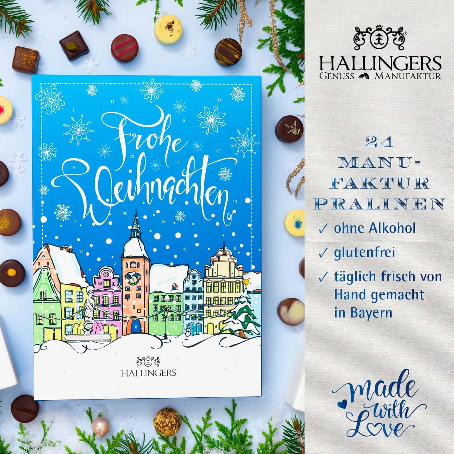 PRALINEN ADVENTSKALENDER OHNE ALKOHOL - Edle handgemachte Pralinen aus feinstem Confiserie-Edelkakao, stilvoll verpackt im hochwertigen Softfeel-Karton. Die besondere Geschenkidee für 24 genussvolle Momente in der Adventszeit