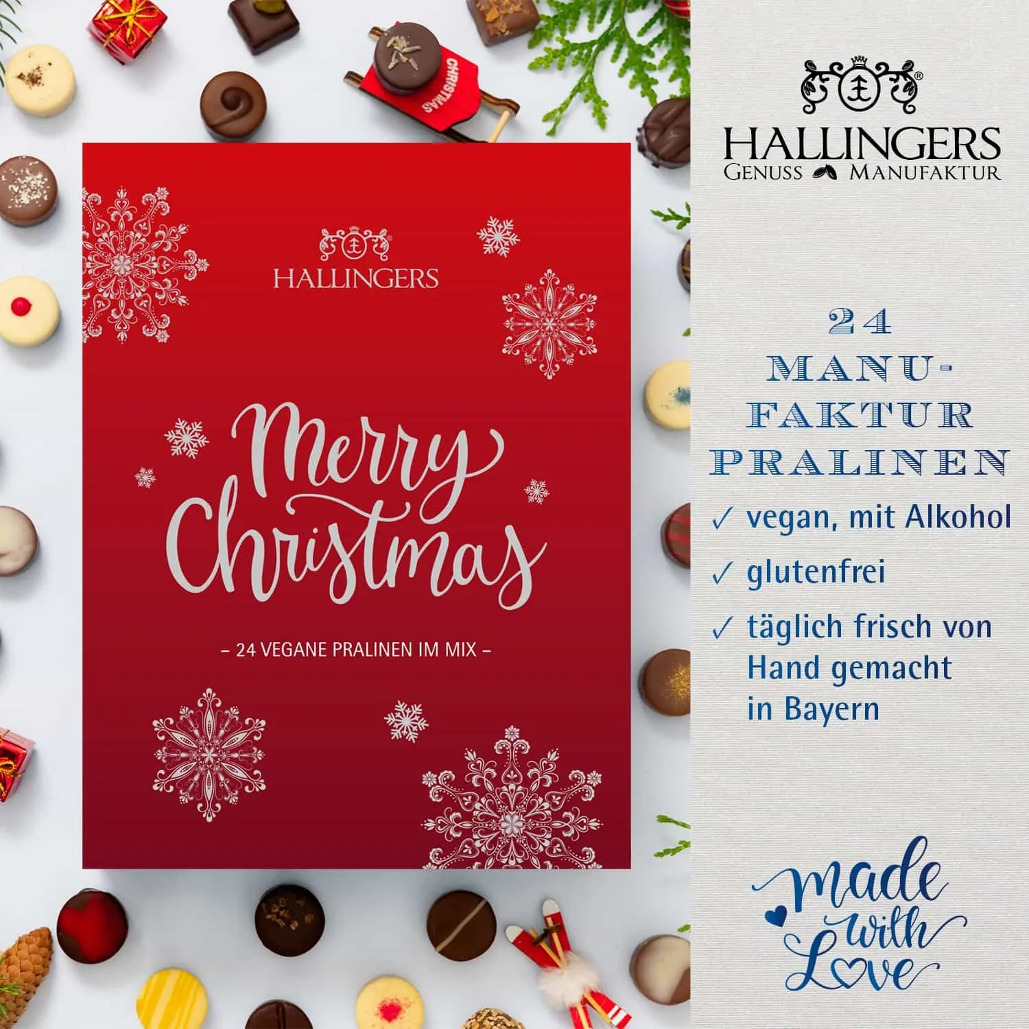 VEGANER PRALINEN ADVENTSKALENDER MIT & OHNE ALKOHOL - Edle handgemachte vegane Pralinen aus feinstem Confiserie-Edelkakao, stilvoll verpackt im hochwertigen Softfeel-Buch-Karton. Die besondere Geschenkidee für 24 genussvolle Momente im Advent