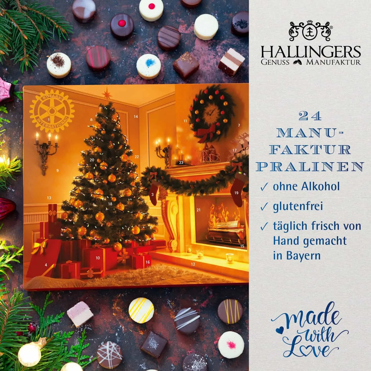 PRALINEN ADVENTSKALENDER OHNE ALKOHOL - Edle handgemachte Pralinen aus feinstem Confiserie-Edelkakao, stilvoll verpackt im hochwertigen Softfeel-Karton. Die besondere Geschenkidee für 24 genussvolle Momente in der Adventszeit