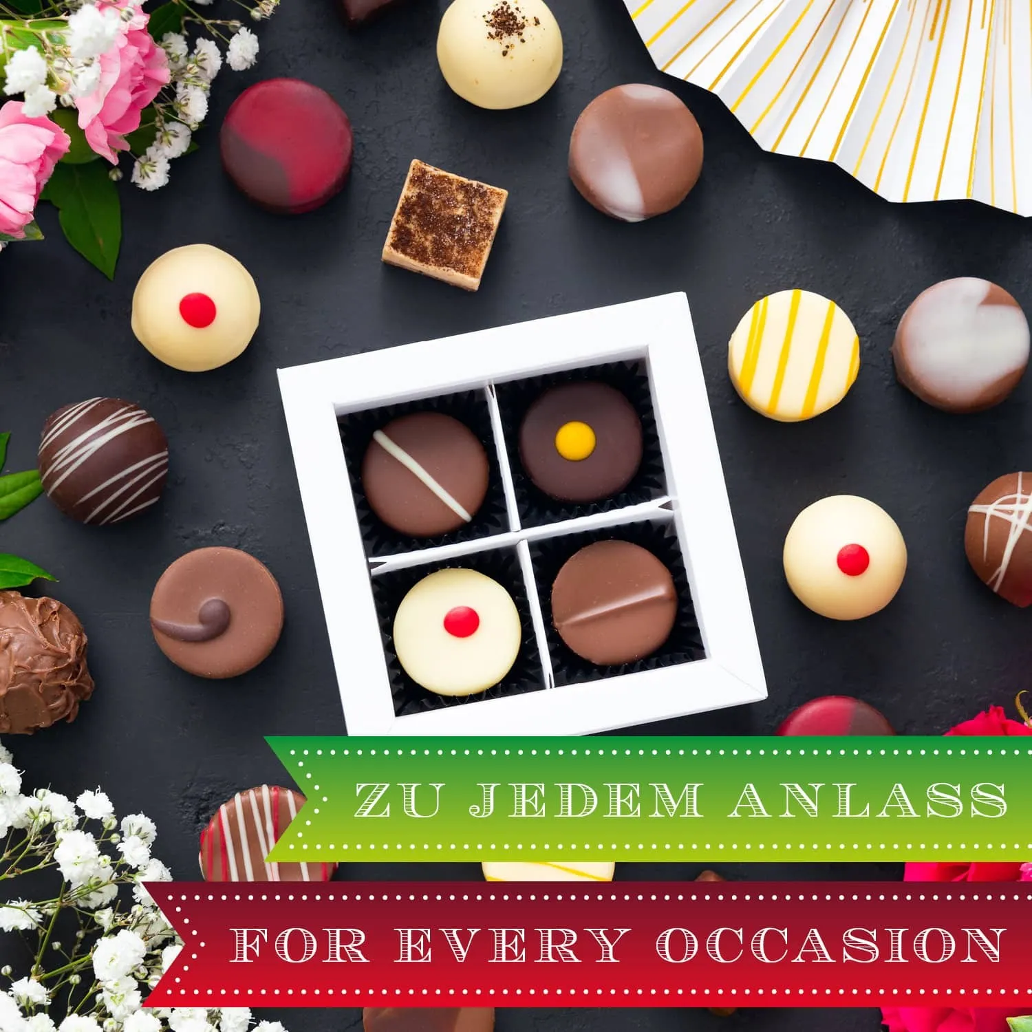 HANDWERK STATT MASSENWARE - Edition \Glitzerweiß\: Vergiss billig produzierte Standard-Pralinen mit schöner Verpackung - entscheidend ist nicht nur der erste Eindruck, sondern der Geschmack, der noch lange in Erinnerung bleibt