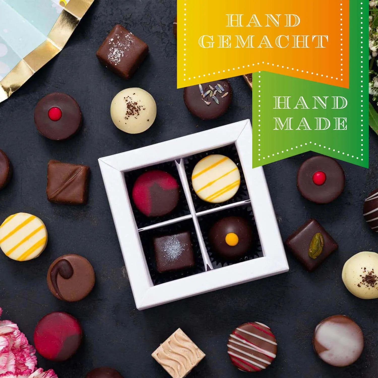 HANDWERK STATT MASSENWARE - Edition \Alles Gute\: Vergiss billig produzierte Standard-Pralinen mit schöner Verpackung - entscheidend ist nicht nur der erste Eindruck, sondern der Geschmack, der noch lange in Erinnerung bleibt