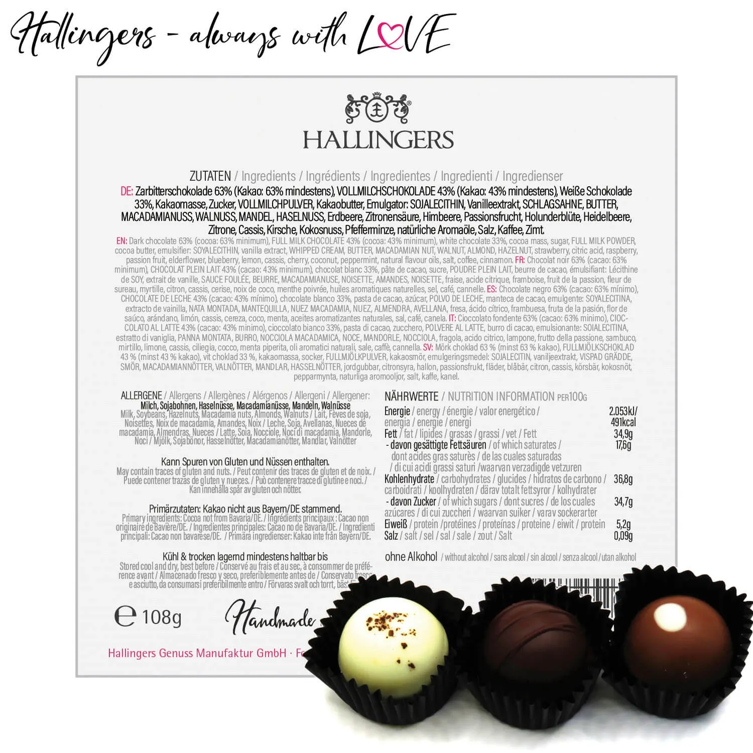 Herzlich Willkommen L - Pralinen, ohne Alkohol handmade