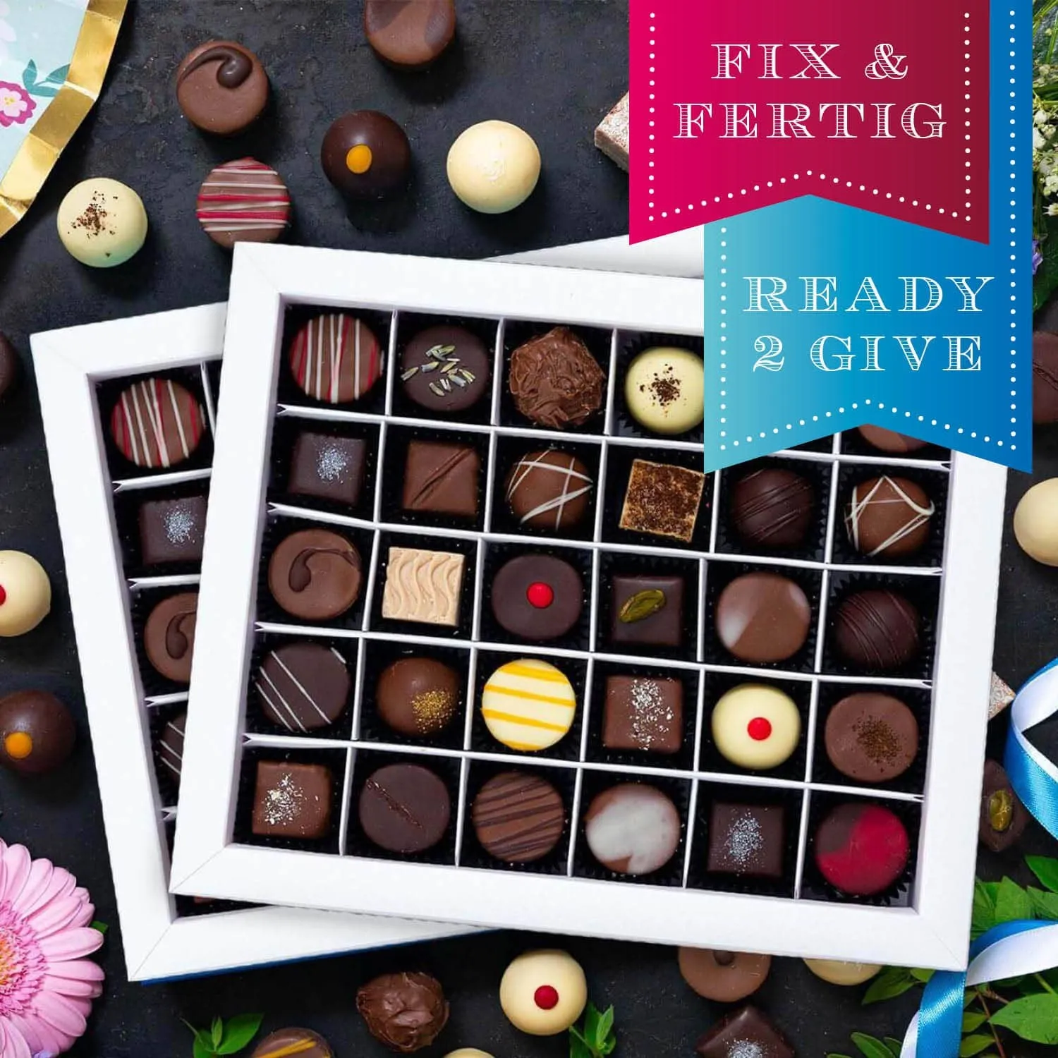 HANDWERK STATT MASSENWARE - Edition \Pink&Blue Hearts 2x\: Vergiss billig produzierte Standard-Pralinen mit schöner Verpackung - entscheidend ist nicht nur der erste Eindruck, sondern der Geschmack, der noch lange in Erinnerung bleibt
