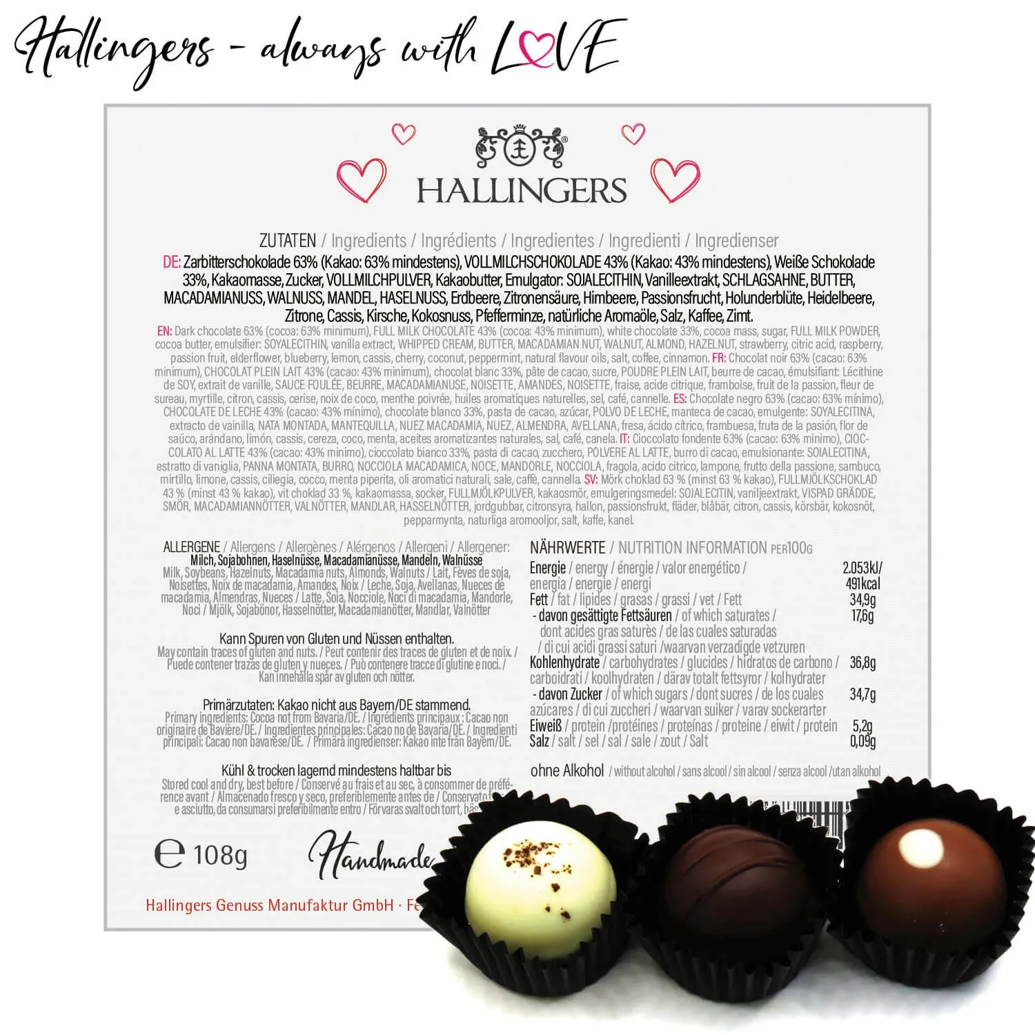 Hab Dich lieb L - Pralinen, ohne Alkohol handmade