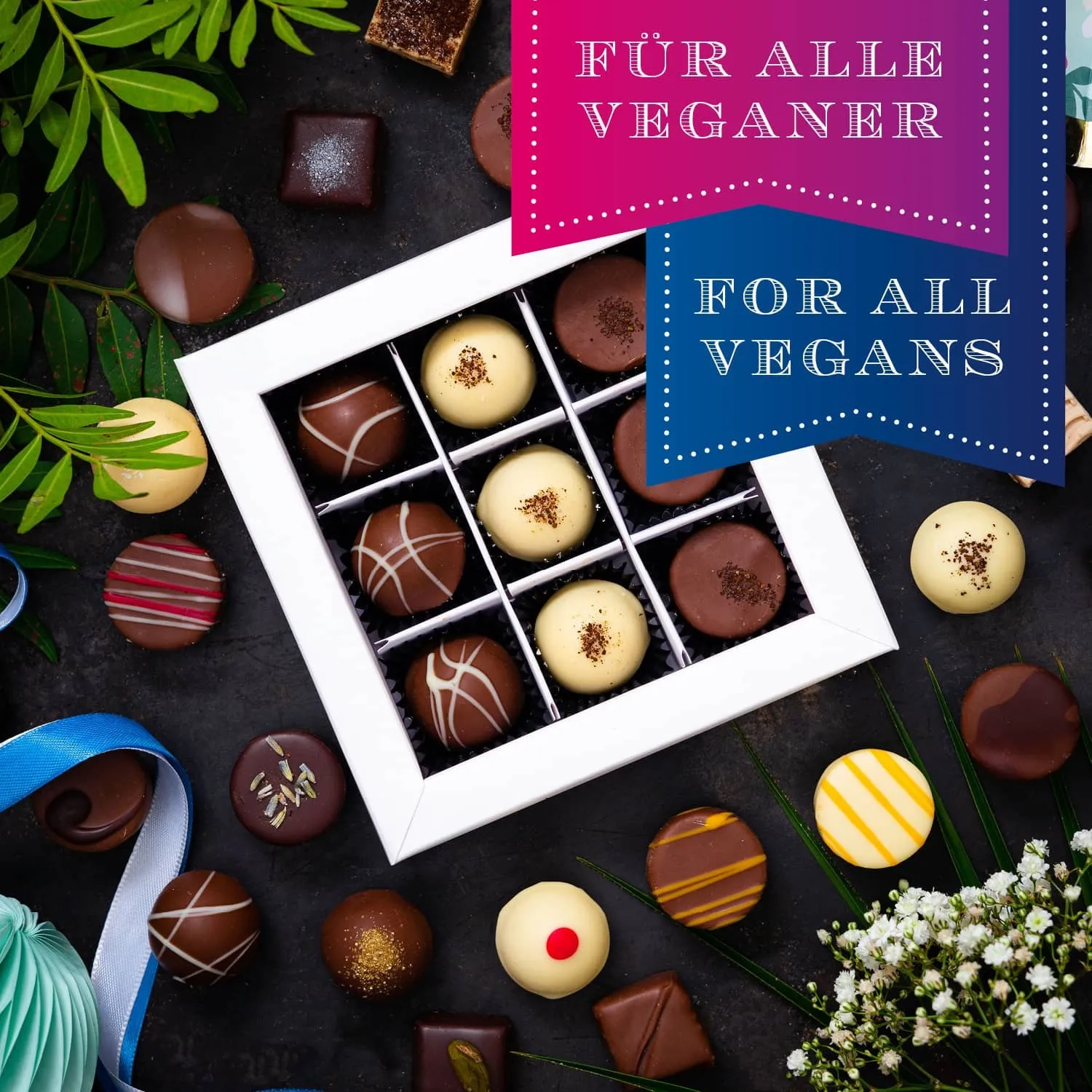 HANDWERK STATT MASSENWARE - Edition \Vegane Pralinen\: Kein veganer Kompromiss, sondern Pralinen auf einem Niveau, das selbst überzeugte Schokoladenliebhaber überrascht und industrielle Standardware alt aussehen lässt
