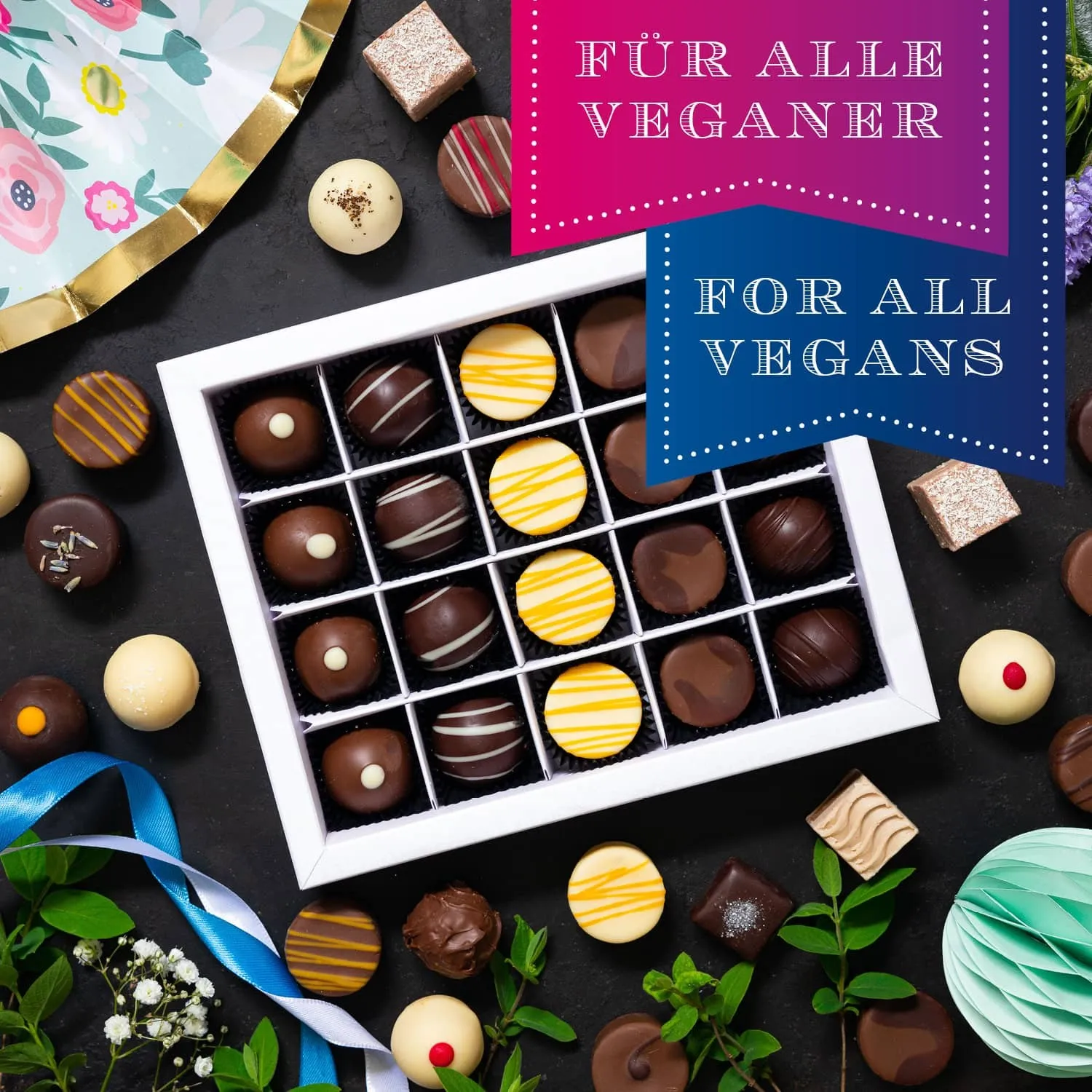 HANDWERK STATT MASSENWARE - Edition \Vegane Pralinen\: Kein veganer Kompromiss, sondern Pralinen auf einem Niveau, das selbst überzeugte Schokoladenliebhaber überrascht und industrielle Standardware alt aussehen lässt