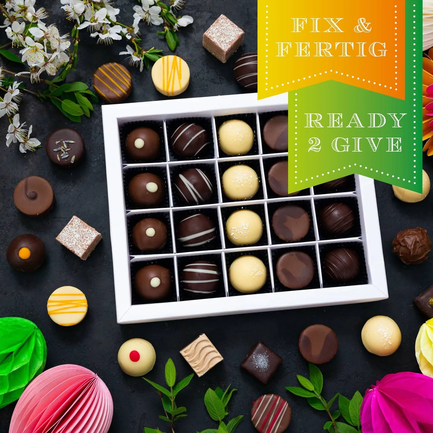 HANDWERK STATT MASSENWARE - Edition \Frohe Ostern Black\: Vergiss billig produzierte Standard-Pralinen mit schöner Verpackung - entscheidend ist nicht nur der erste Eindruck, sondern der Geschmack, der noch lange in Erinnerung bleibt