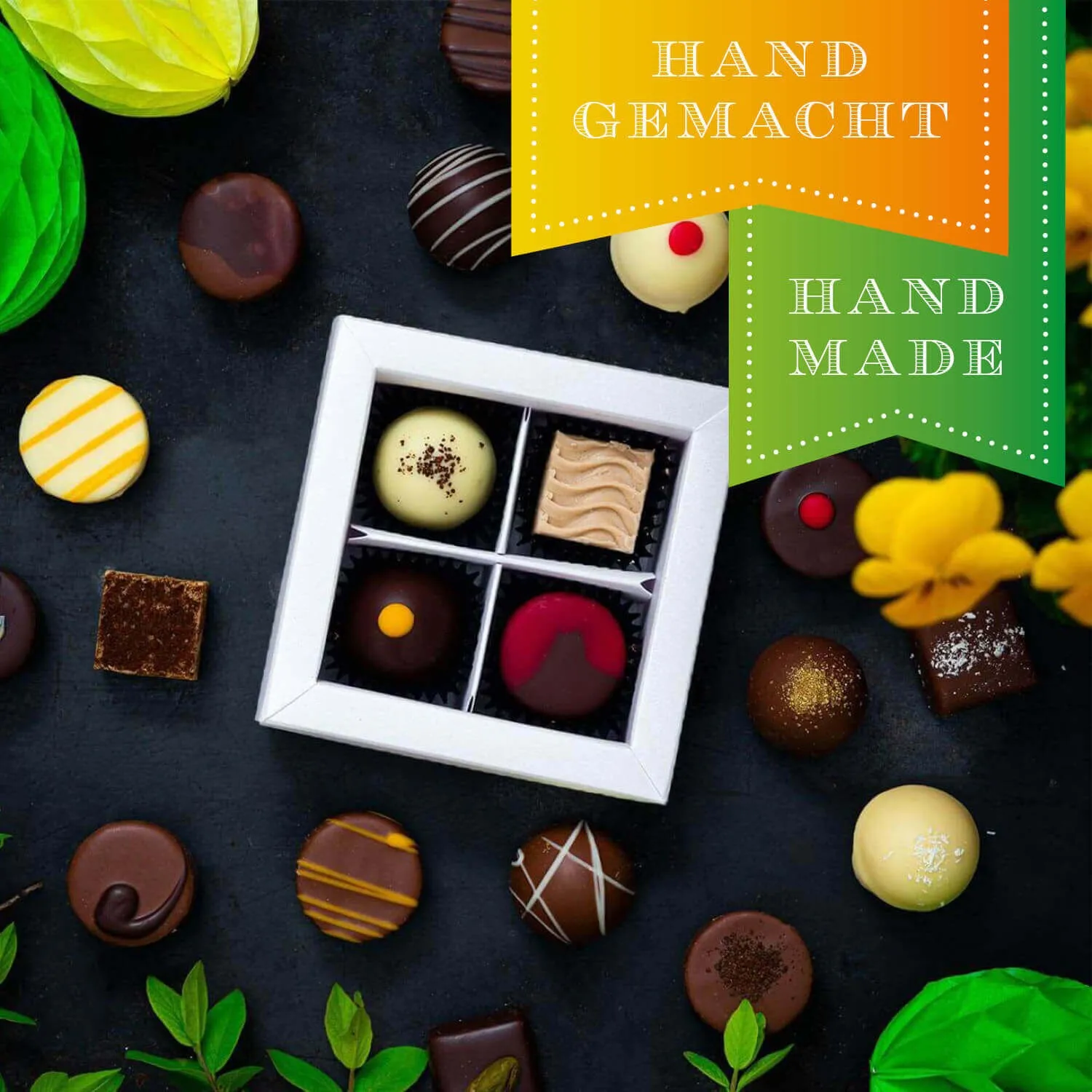 HANDWERK STATT MASSENWARE - Edition \Frohe Ostern grün\: Vergiss billig produzierte Standard-Pralinen mit schöner Verpackung - entscheidend ist nicht nur der erste Eindruck, sondern der Geschmack, der noch lange in Erinnerung bleibt