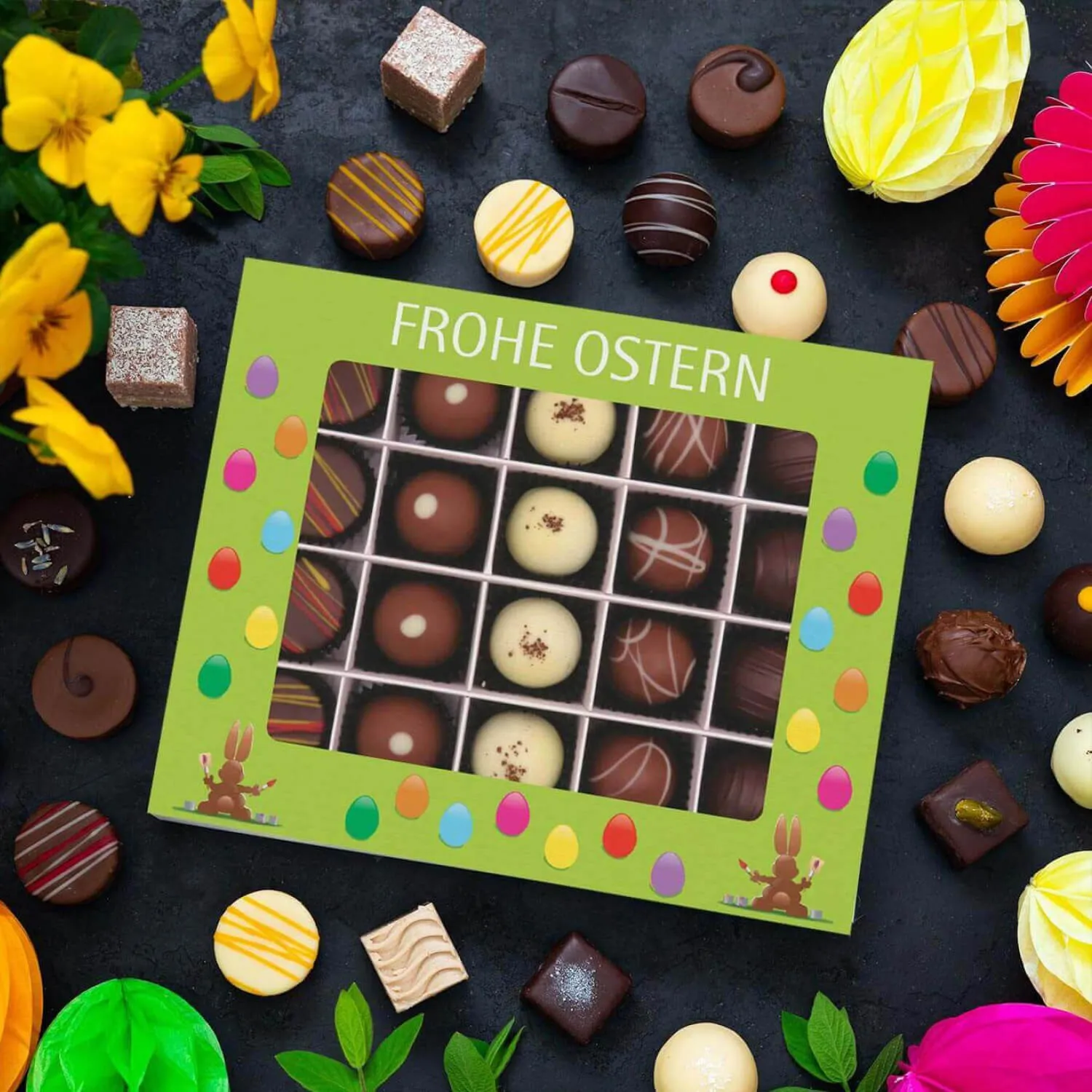 PRALINEN GESCHENKBOX MIT & OHNE ALKOHOL - Edle handgemachte Pralinen aus feinstem Confiserie-Edelkakao, stilvoll verpackt in einer hochwertigen XL-Geschenkbox. Exklusiver Schokoladengenuss für besondere Anlässe & genussvolle Momente