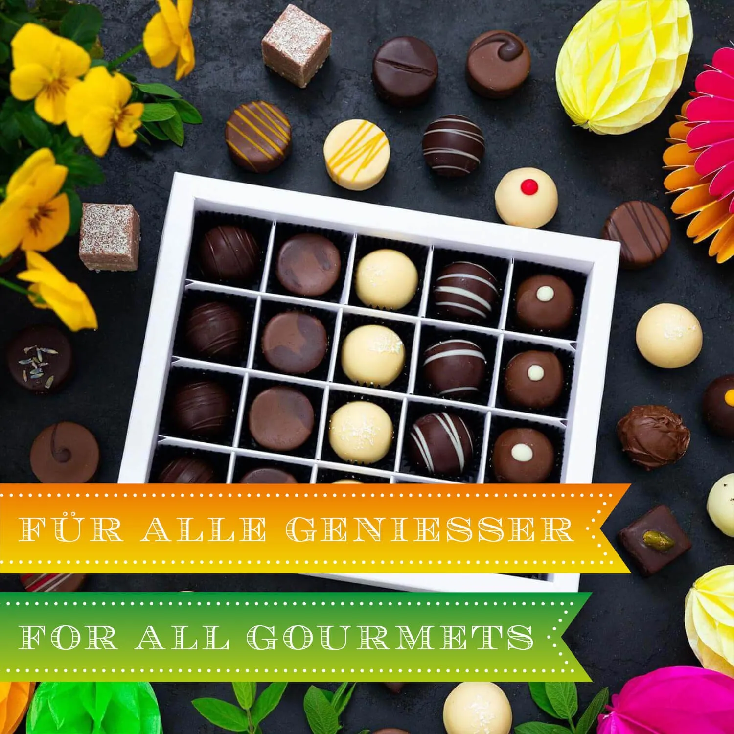 HANDWERK STATT MASSENWARE - Edition \Frohe Ostern grün\: Vergiss billig produzierte Standard-Pralinen mit schöner Verpackung - entscheidend ist nicht nur der erste Eindruck, sondern der Geschmack, der noch lange in Erinnerung bleibt