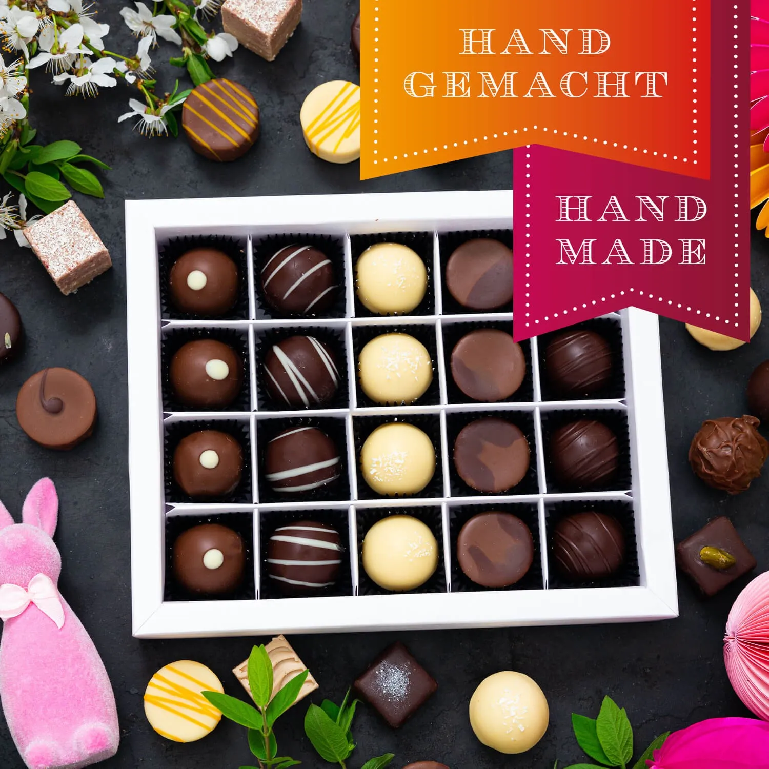 HANDWERK STATT MASSENWARE - Edition \Frohe Ostern pink\: Vergiss billig produzierte Standard-Pralinen mit schöner Verpackung - entscheidend ist nicht nur der erste Eindruck, sondern der Geschmack, der noch lange in Erinnerung bleibt