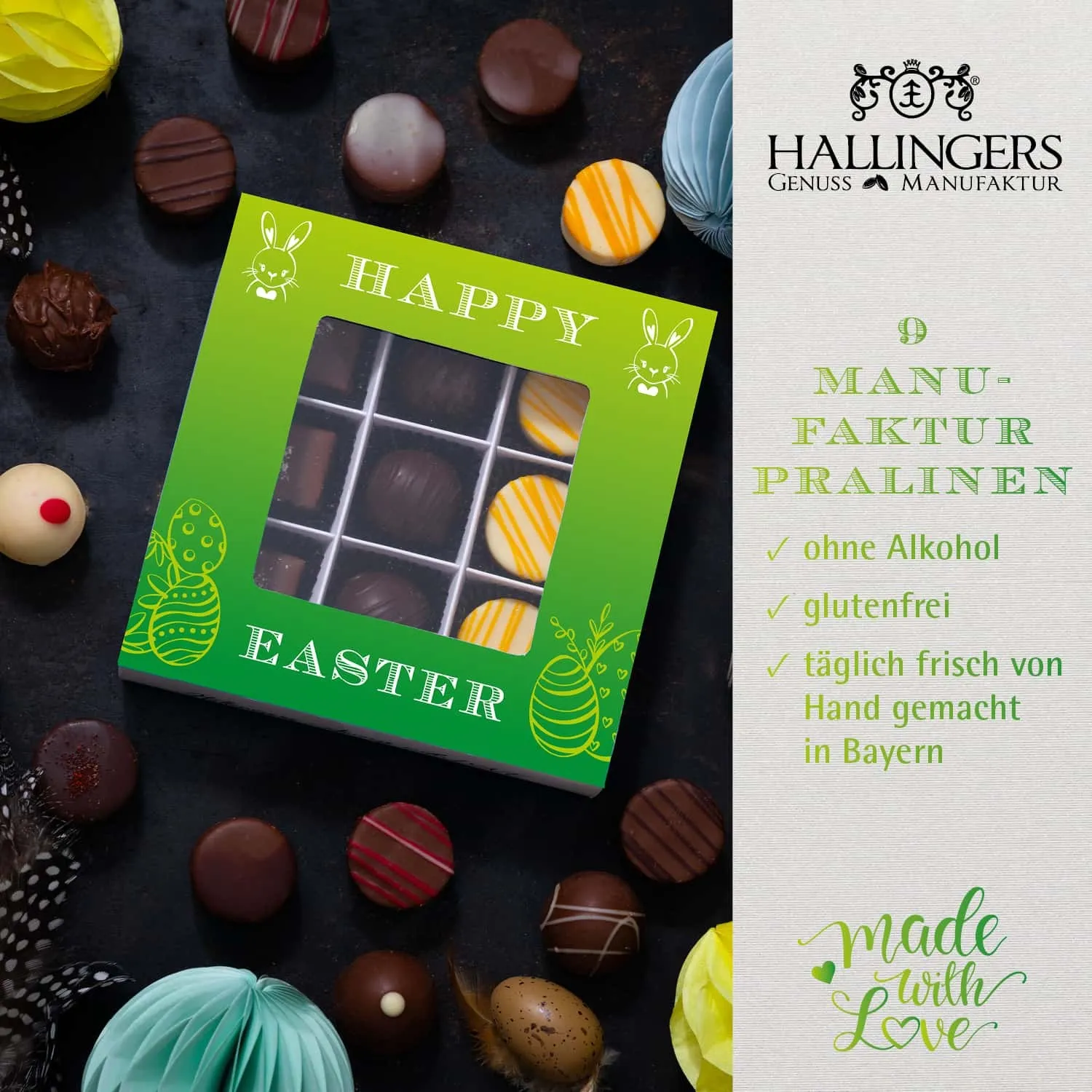 PRALINEN GESCHENKBOX OHNE ALKOHOL - Edle handgemachte Pralinen aus feinstem Confiserie-Edelkakao, stilvoll verpackt in einer hochwertigen L-Geschenkbox. Exklusiver Schokoladengenuss für besondere Anlässe & genussvolle Momente