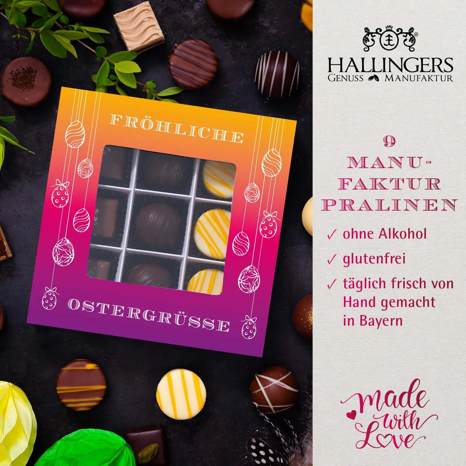 PRALINEN GESCHENKBOX OHNE ALKOHOL - Edle handgemachte Pralinen aus feinstem Confiserie-Edelkakao, stilvoll verpackt in einer hochwertigen L-Geschenkbox. Exklusiver Schokoladengenuss für besondere Anlässe & genussvolle Momente