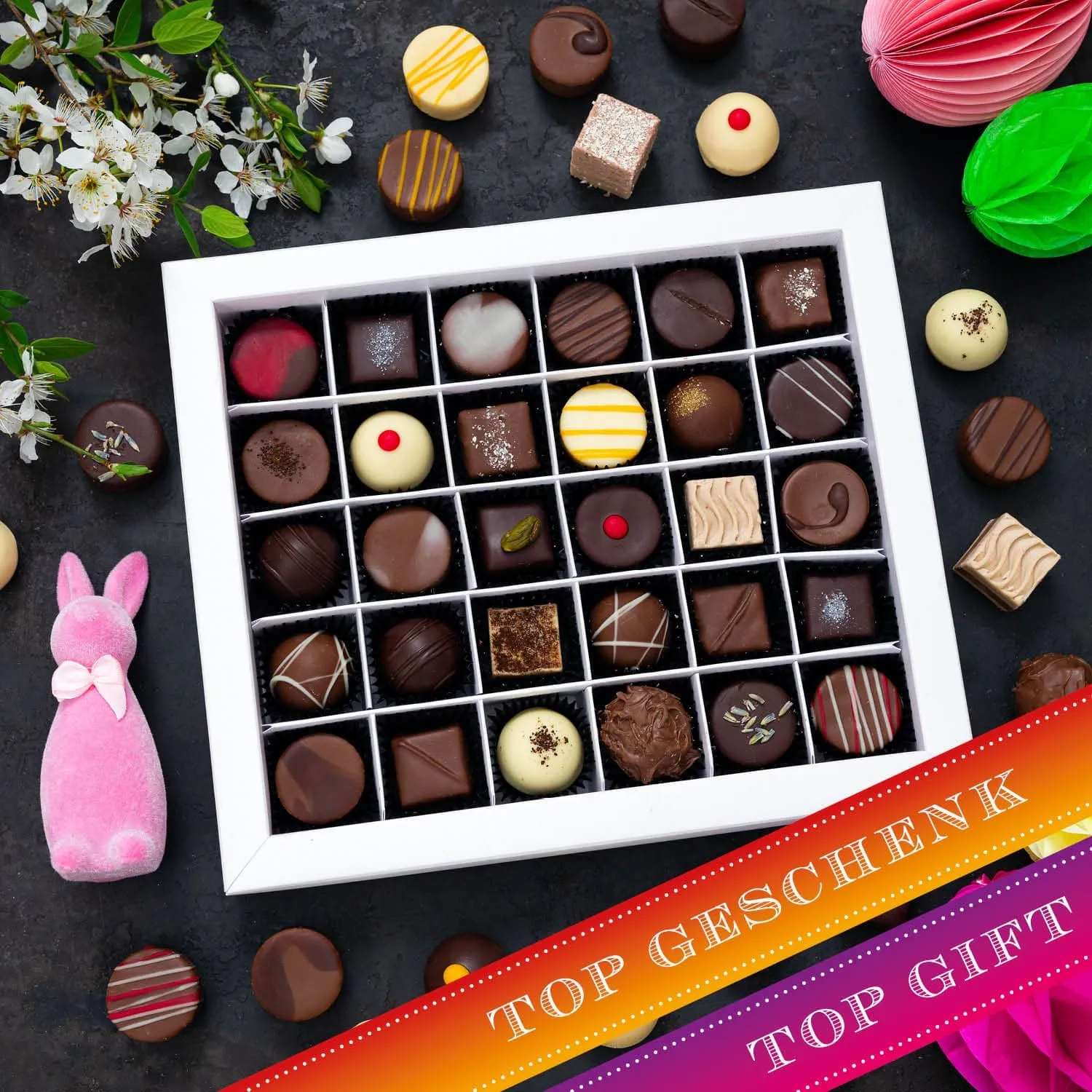 HANDWERK STATT MASSENWARE - Edition \Happy Easter\: Vergiss billig produzierte Standard-Pralinen mit schöner Verpackung - entscheidend ist nicht nur der erste Eindruck, sondern der Geschmack, der noch lange in Erinnerung bleibt