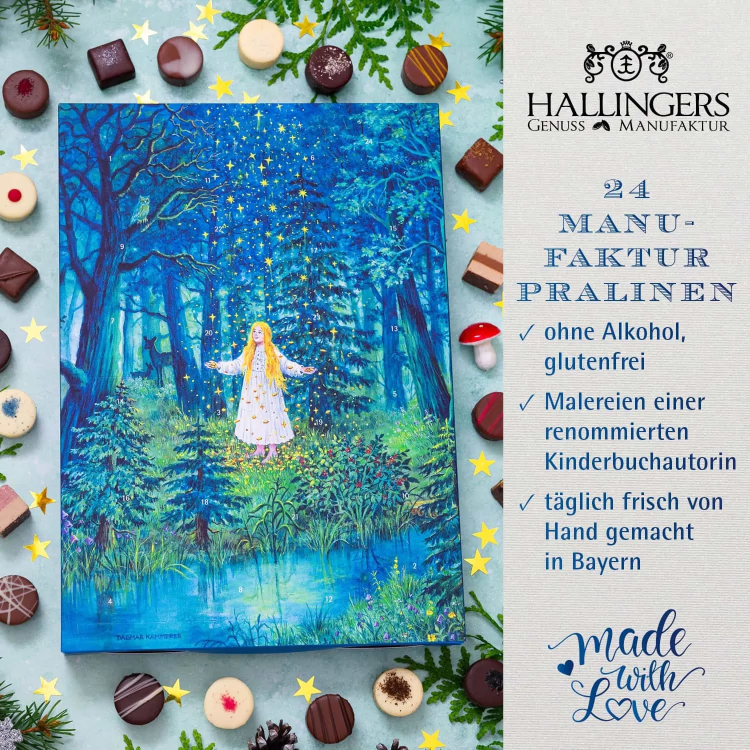 PRALINEN ADVENTSKALENDER OHNE ALKOHOL - Edle handgemachte Pralinen aus feinstem Confiserie-Edelkakao, stilvoll verpackt im hochwertigen Softfeel-Karton. Die besondere Geschenkidee für 24 genussvolle Momente in der Adventszeit