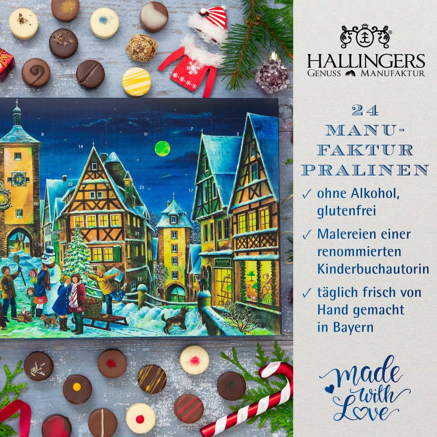 PRALINEN ADVENTSKALENDER OHNE ALKOHOL - Edle handgemachte Pralinen aus feinstem Confiserie-Edelkakao, stilvoll verpackt im hochwertigen Softfeel-Karton. Die besondere Geschenkidee für 24 genussvolle Momente in der Adventszeit