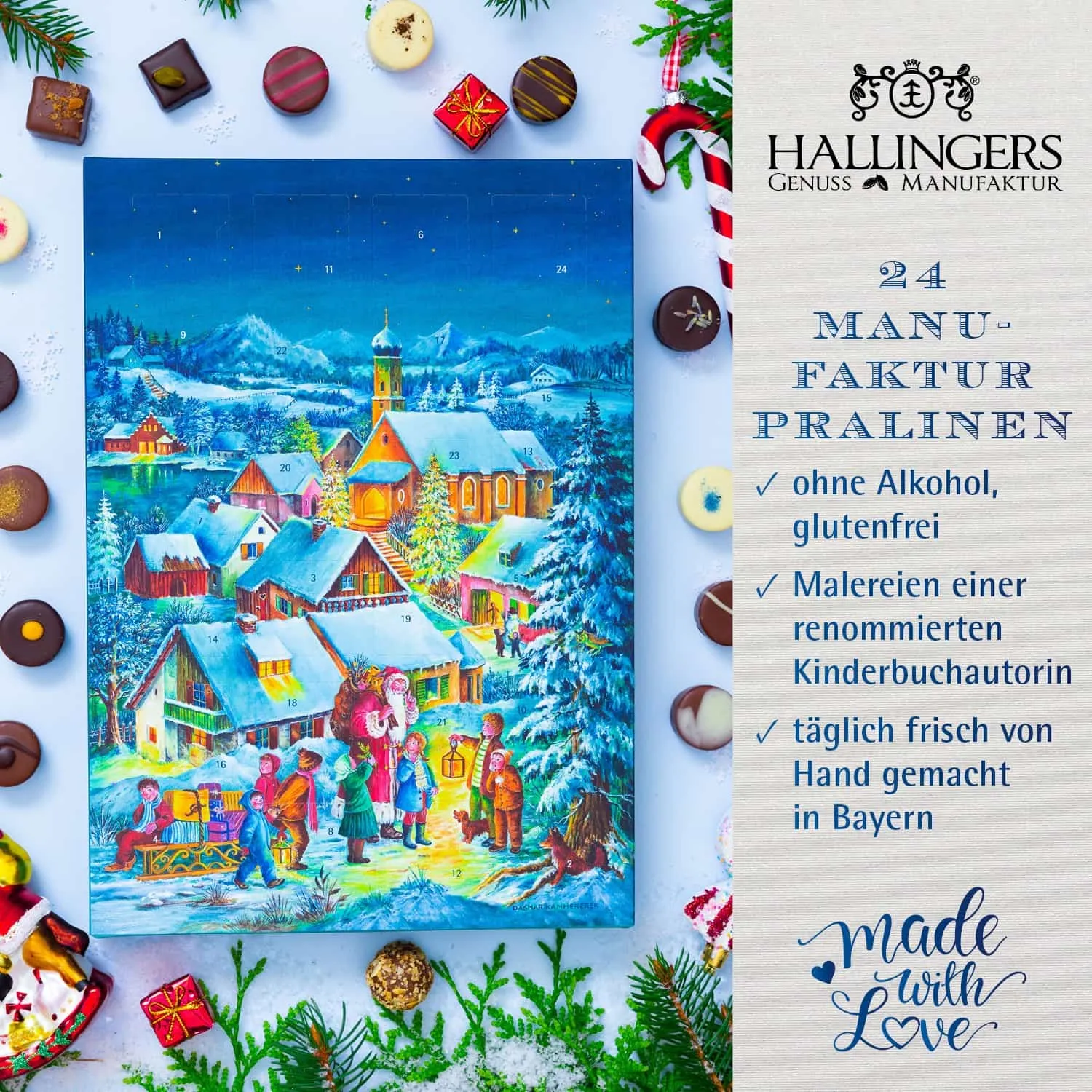 PRALINEN ADVENTSKALENDER OHNE ALKOHOL - Edle handgemachte Pralinen aus feinstem Confiserie-Edelkakao, stilvoll verpackt im hochwertigen Softfeel-Karton. Die besondere Geschenkidee für 24 genussvolle Momente in der Adventszeit