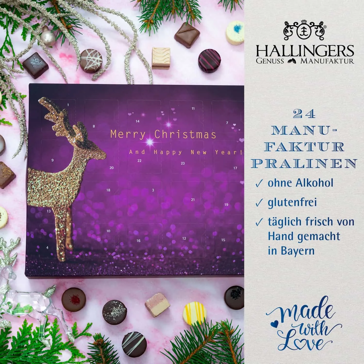 PRALINEN ADVENTSKALENDER OHNE ALKOHOL - Edle handgemachte Pralinen aus feinstem Confiserie-Edelkakao, stilvoll verpackt im hochwertigen Softfeel-Karton. Die besondere Geschenkidee für 24 genussvolle Momente in der Adventszeit