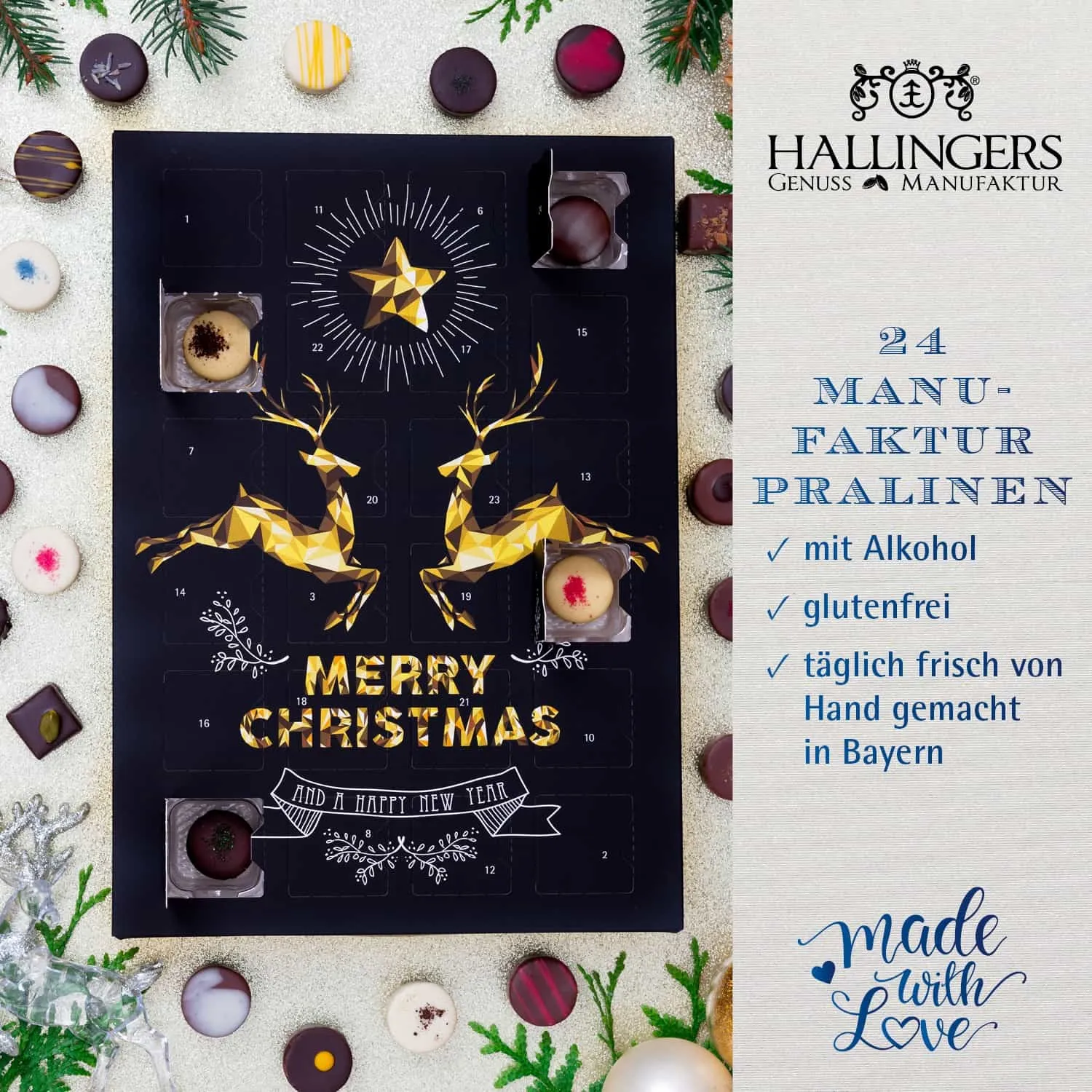 PRALINEN ADVENTSKALENDER MIT & OHNE ALKOHOL - Handgemachte Pralinen aus feinstem Confiserie-Edelkakao, stilvoll verpackt im hochwertigen Softfeel-Karton. Die besondere Geschenkidee für 24 genussvolle Momente in der Adventszeit