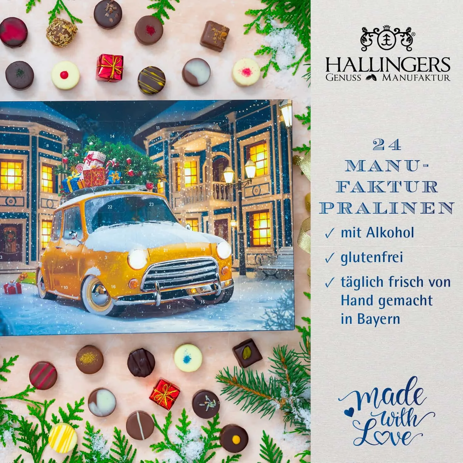 PRALINEN ADVENTSKALENDER OHNE ALKOHOL - Edle handgemachte Pralinen aus feinstem Confiserie-Edelkakao, stilvoll verpackt im hochwertigen Softfeel-Karton. Die besondere Geschenkidee für 24 genussvolle Momente in der Adventszeit