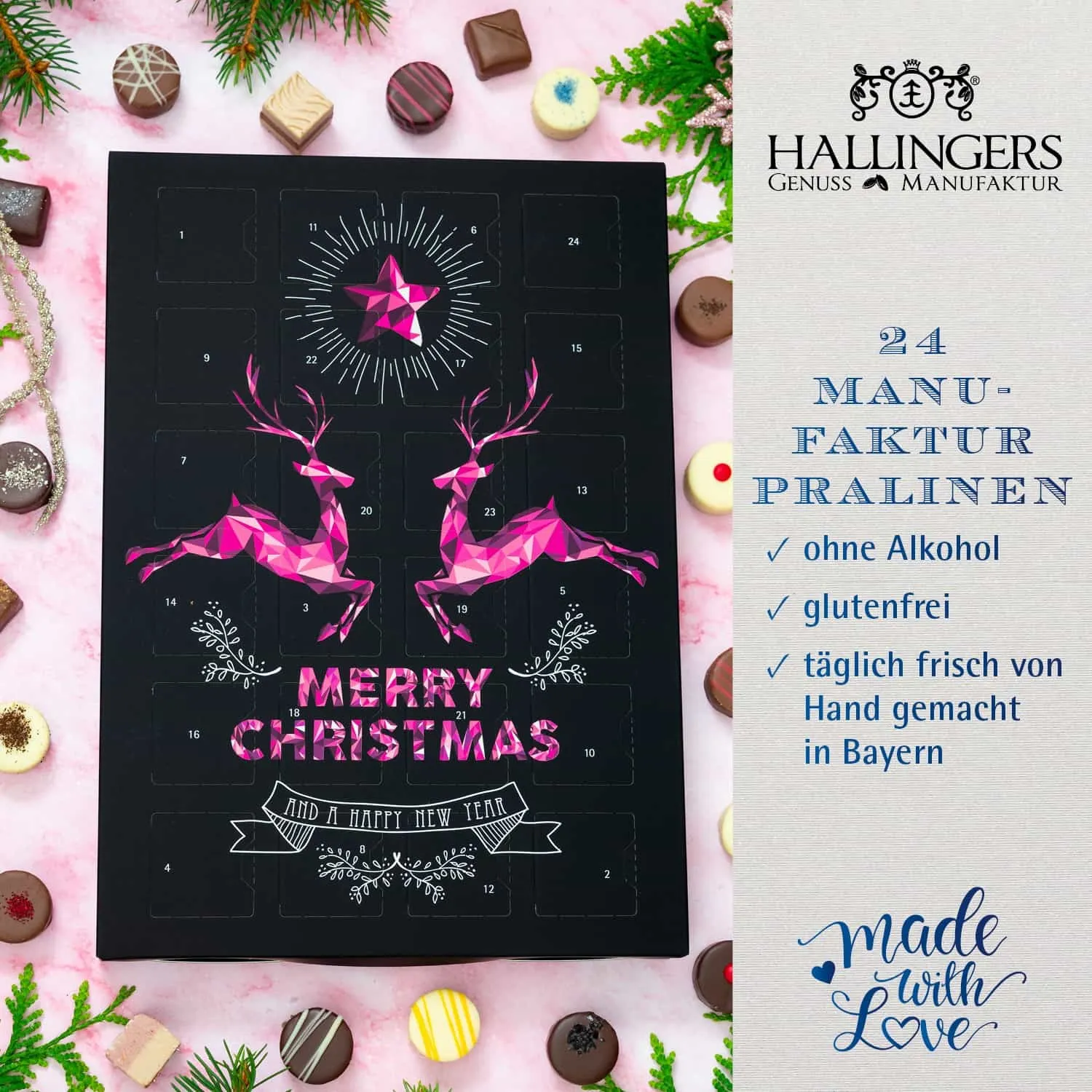 PRALINEN ADVENTSKALENDER OHNE ALKOHOL - Edle handgemachte Pralinen aus feinstem Confiserie-Edelkakao, stilvoll verpackt im hochwertigen Softfeel-Karton. Die besondere Geschenkidee für 24 genussvolle Momente in der Adventszeit