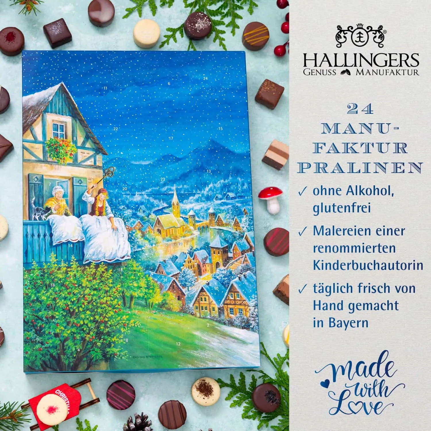 PRALINEN ADVENTSKALENDER OHNE ALKOHOL - Edle handgemachte Pralinen aus feinstem Confiserie-Edelkakao, stilvoll verpackt im hochwertigen Softfeel-Karton. Die besondere Geschenkidee für 24 genussvolle Momente in der Adventszeit