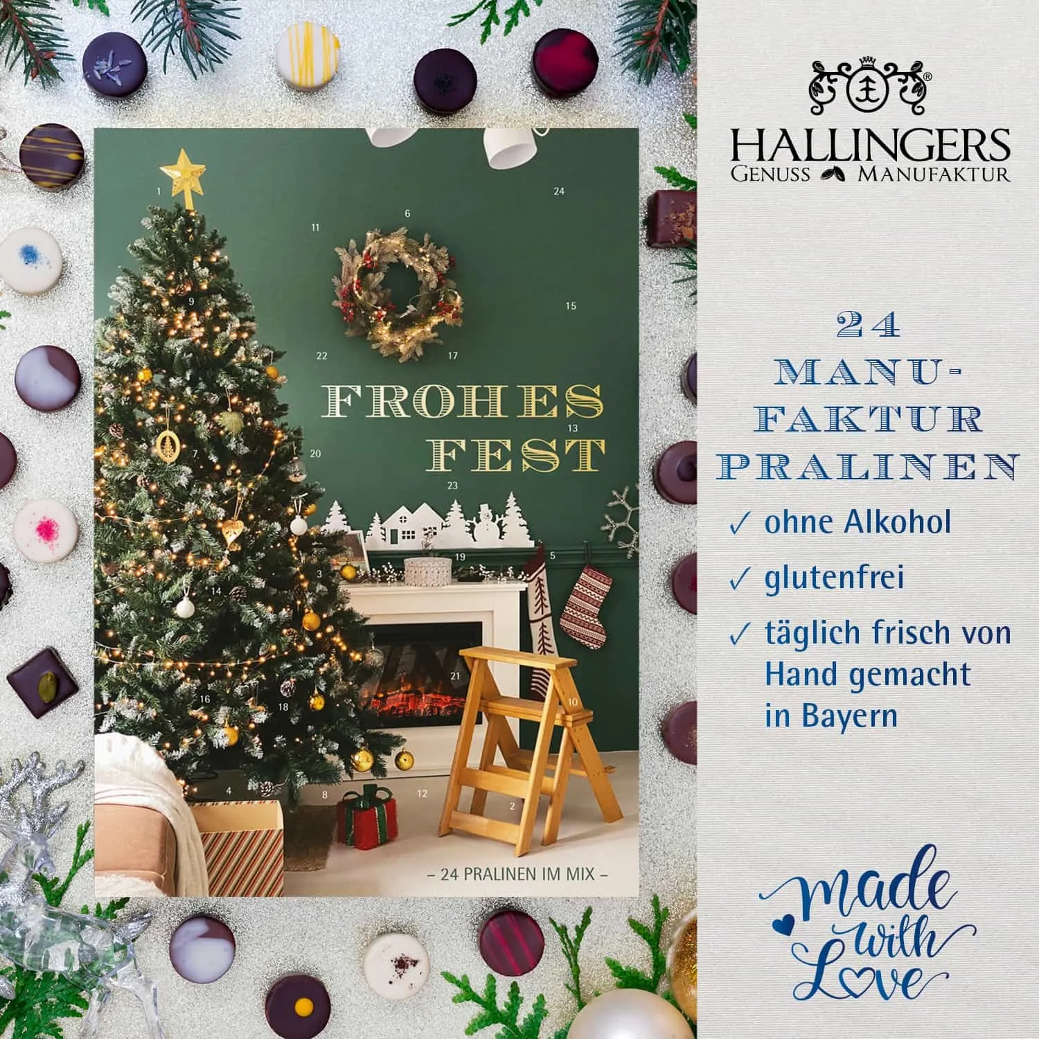 PRALINEN ADVENTSKALENDER OHNE ALKOHOL - Edle handgemachte Pralinen aus feinstem Confiserie-Edelkakao, stilvoll verpackt im hochwertigen Softfeel-Karton. Die besondere Geschenkidee für 24 genussvolle Momente in der Adventszeit