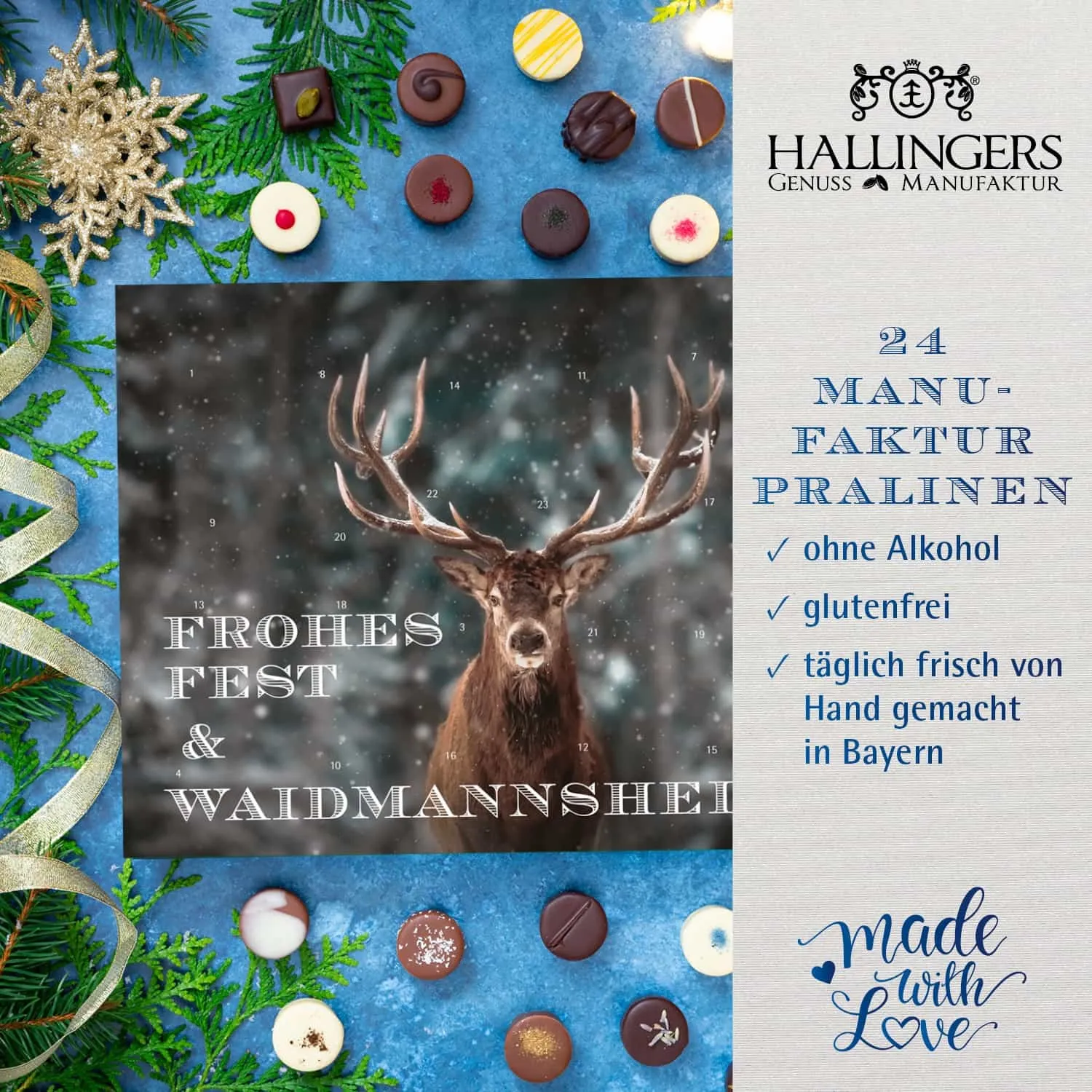 PRALINEN ADVENTSKALENDER OHNE ALKOHOL - Edle handgemachte Pralinen aus feinstem Confiserie-Edelkakao, stilvoll verpackt im hochwertigen Softfeel-Karton. Die besondere Geschenkidee für 24 genussvolle Momente in der Adventszeit