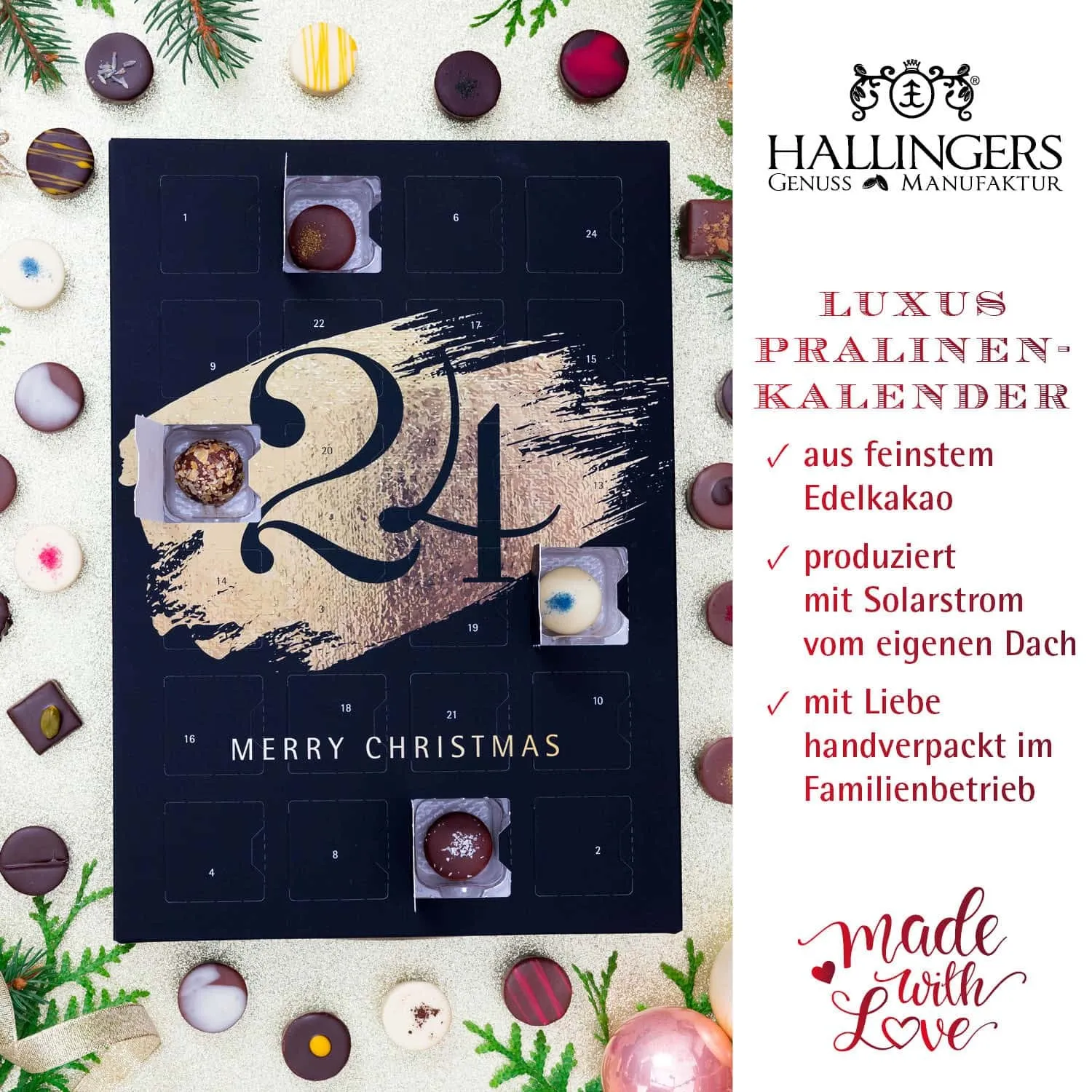 HANDWERK STATT MASSENWARE - Edition \Merry Christmas\: Vergiss billig produzierte Standard-Pralinen mit schöner Verpackung - entscheidend ist nicht nur der erste Eindruck, sondern der Geschmack, der noch lange in Erinnerung bleibt