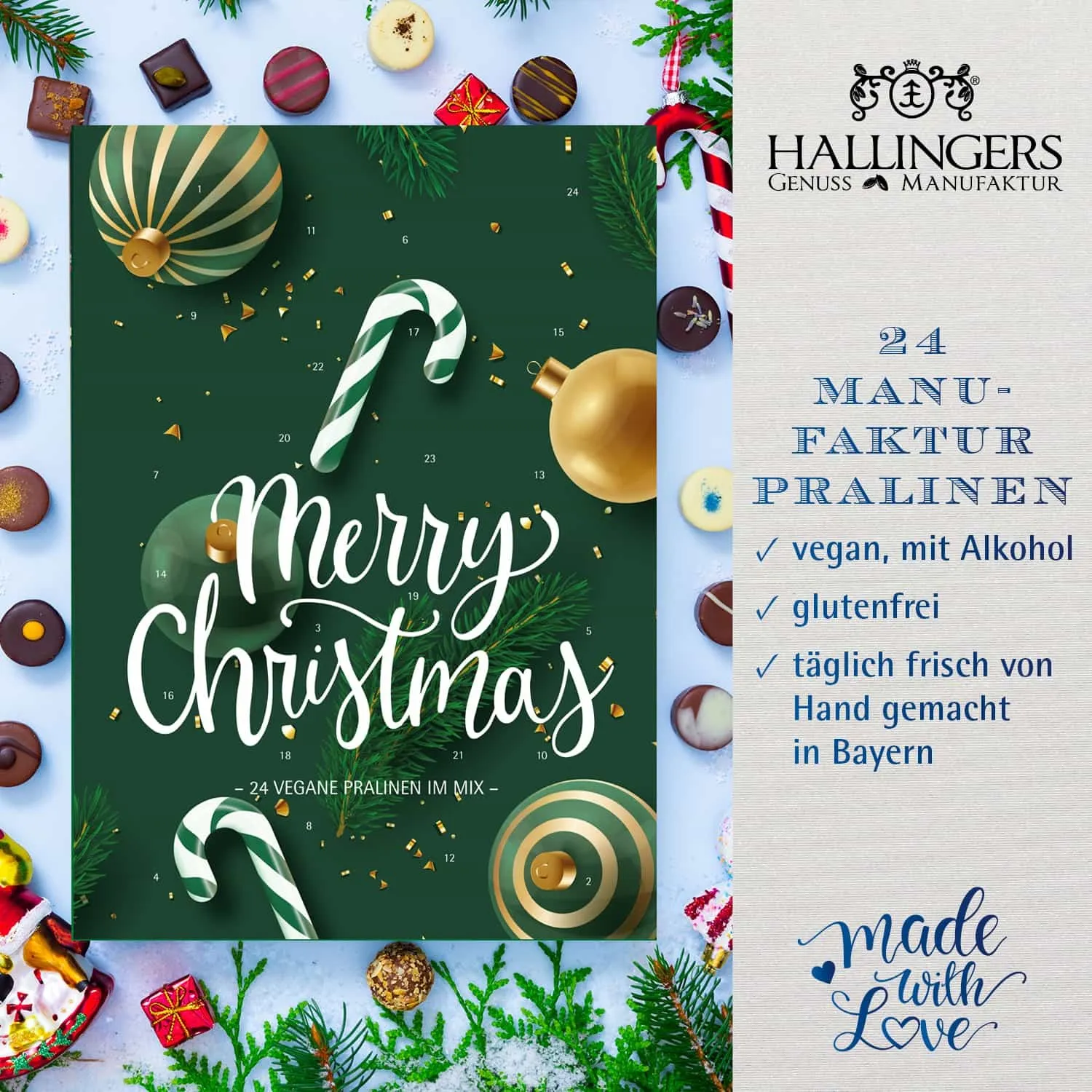 VEGANER PRALINEN ADVENTSKALENDER MIT & OHNE ALKOHOL - Edle handgemachte vegane Pralinen aus feinstem Confiserie-Edelkakao, stilvoll verpackt im hochwertigen Softfeel-Karton. Die besondere Geschenkidee für 24 genussvolle Momente im Advent