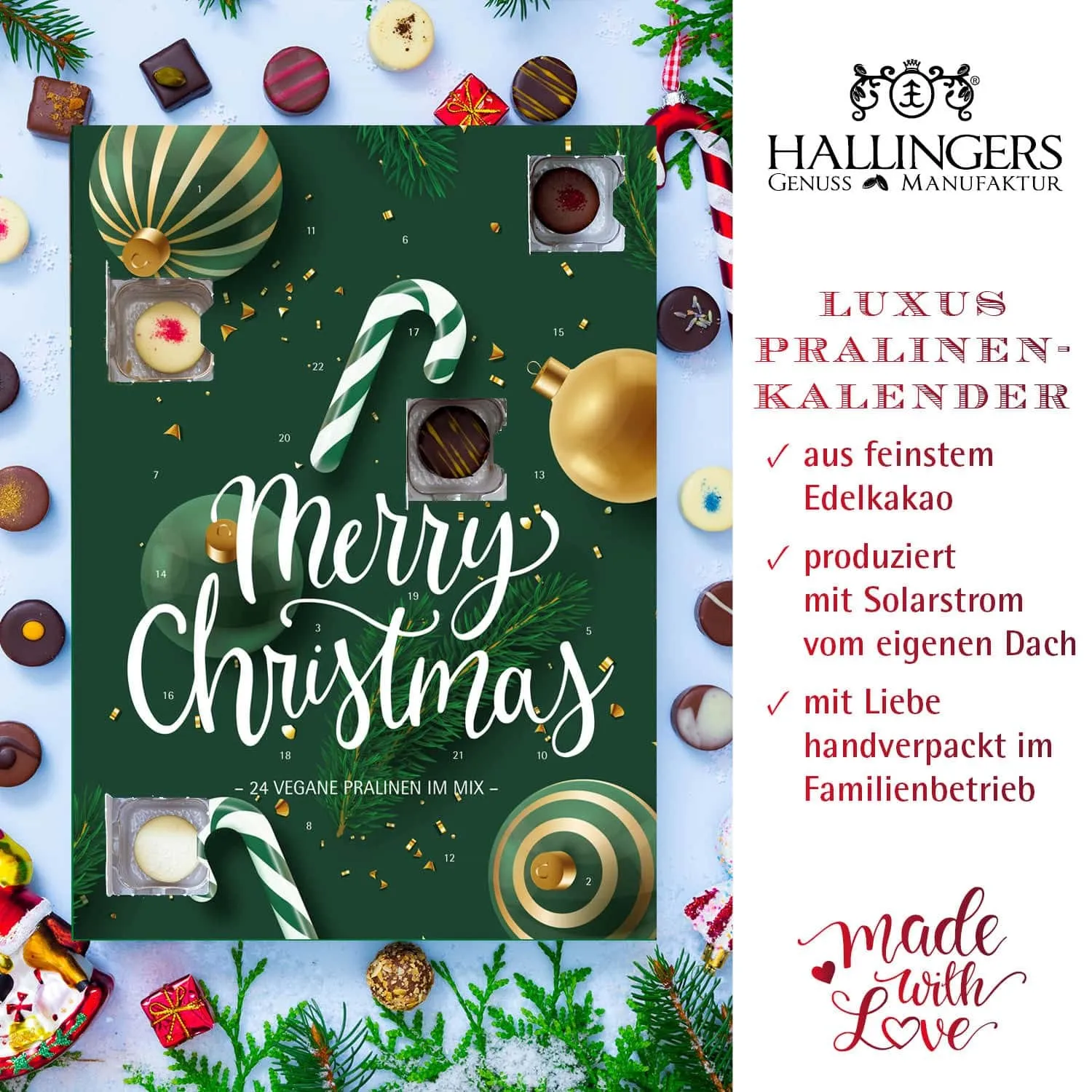 HANDWERK STATT MASSENWARE - Edition \Merry Christmas vegan\: Kein veganer Kompromiss, sondern Pralinen auf einem Niveau, das selbst überzeugte Schokoladenliebhaber überrascht und industrielle Standardware alt aussehen lässt