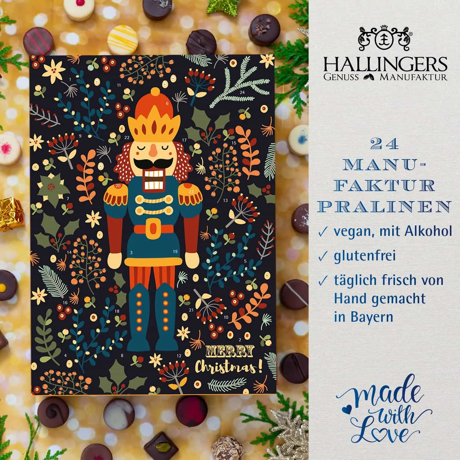 VEGANER PRALINEN ADVENTSKALENDER MIT & OHNE ALKOHOL - Edle handgemachte vegane Pralinen aus feinstem Confiserie-Edelkakao, stilvoll verpackt im hochwertigen Softfeel-Karton. Die besondere Geschenkidee für 24 genussvolle Momente im Advent