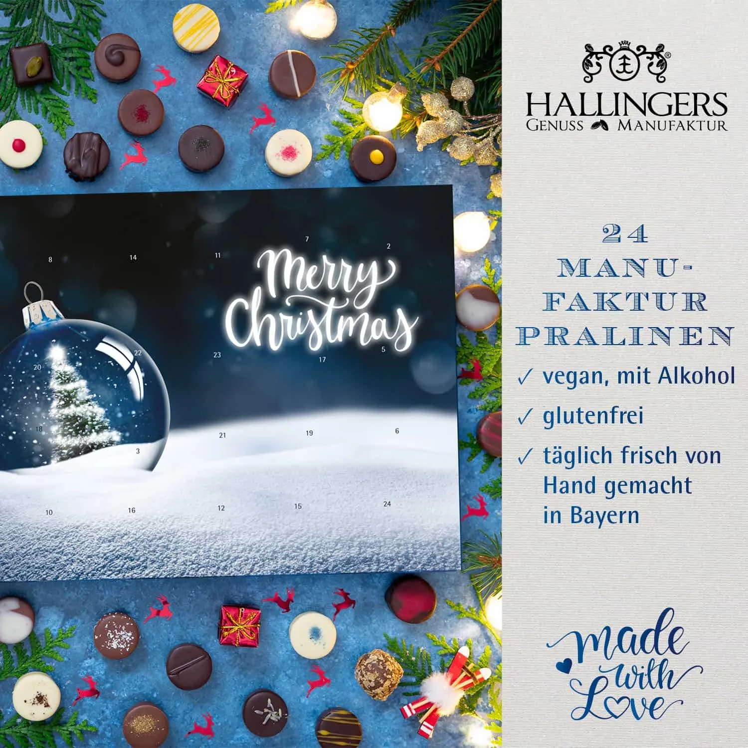 VEGANER PRALINEN ADVENTSKALENDER MIT & OHNE ALKOHOL - Edle handgemachte vegane Pralinen aus feinstem Confiserie-Edelkakao, stilvoll verpackt im hochwertigen Softfeel-Karton. Die besondere Geschenkidee für 24 genussvolle Momente im Advent