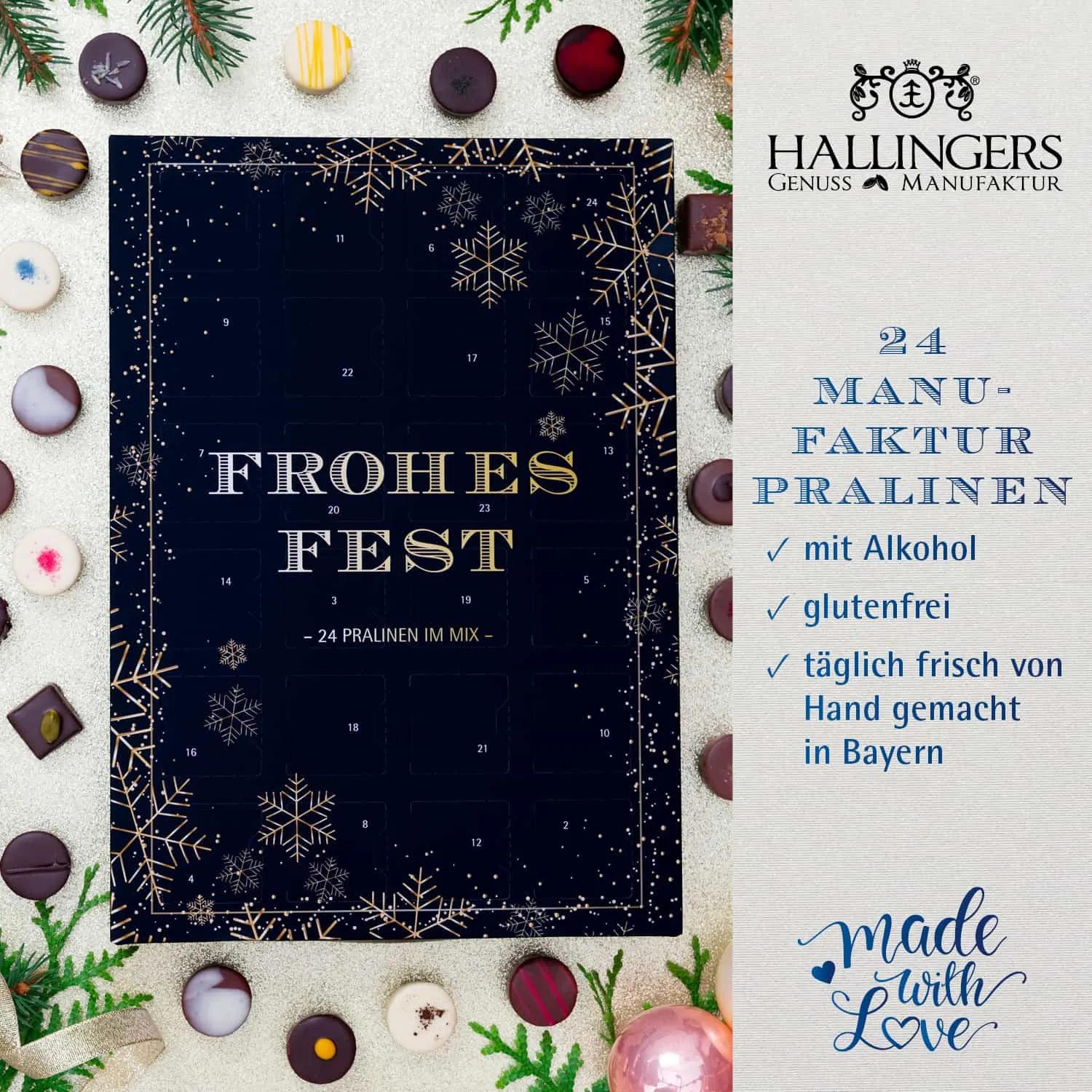 PRALINEN ADVENTSKALENDER MIT & OHNE ALKOHOL - Handgemachte Pralinen aus feinstem Confiserie-Edelkakao, stilvoll verpackt im hochwertigen Softfeel-Karton. Die besondere Geschenkidee für 24 genussvolle Momente in der Adventszeit