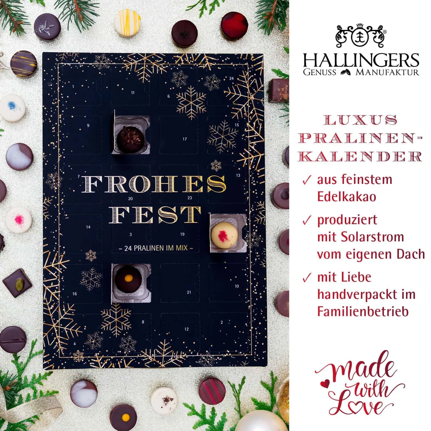 HANDWERK STATT MASSENWARE - Edition \Frohes Fest\: Vergiss billig produzierte Standard-Pralinen mit schöner Verpackung - entscheidend ist nicht nur der erste Eindruck, sondern der Geschmack, der noch lange in Erinnerung bleibt