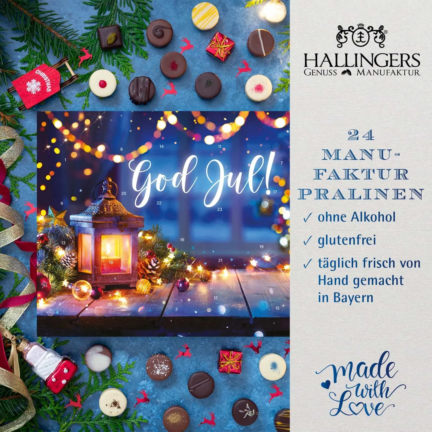 PRALINEN ADVENTSKALENDER OHNE ALKOHOL - Edle handgemachte Pralinen aus feinstem Confiserie-Edelkakao, stilvoll verpackt im hochwertigen Softfeel-Karton. Die besondere Geschenkidee für 24 genussvolle Momente in der Adventszeit