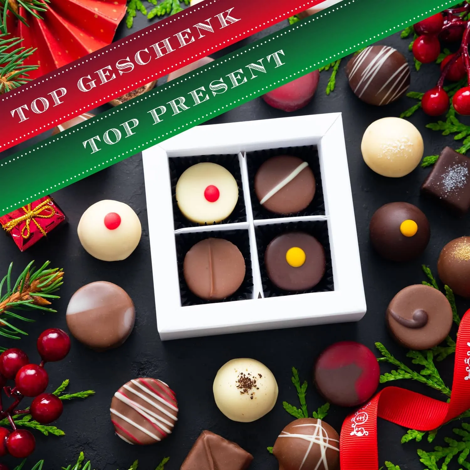 HANDWERK STATT MASSENWARE - Edition \Frohe Weihnachten Kranz\: Vergiss billig produzierte Standard-Pralinen mit schöner Verpackung - entscheidend ist nicht nur der erste Eindruck, sondern der Geschmack, der noch lange in Erinnerung bleibt