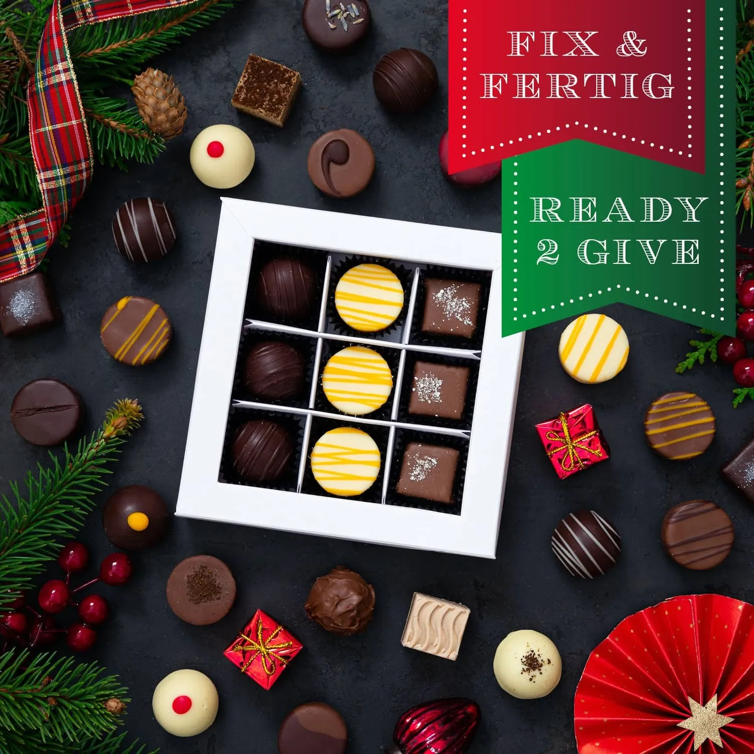 HANDWERK STATT MASSENWARE - Edition \Frohe Weihnachten Kranz\: Vergiss billig produzierte Standard-Pralinen mit schöner Verpackung - entscheidend ist nicht nur der erste Eindruck, sondern der Geschmack, der noch lange in Erinnerung bleibt