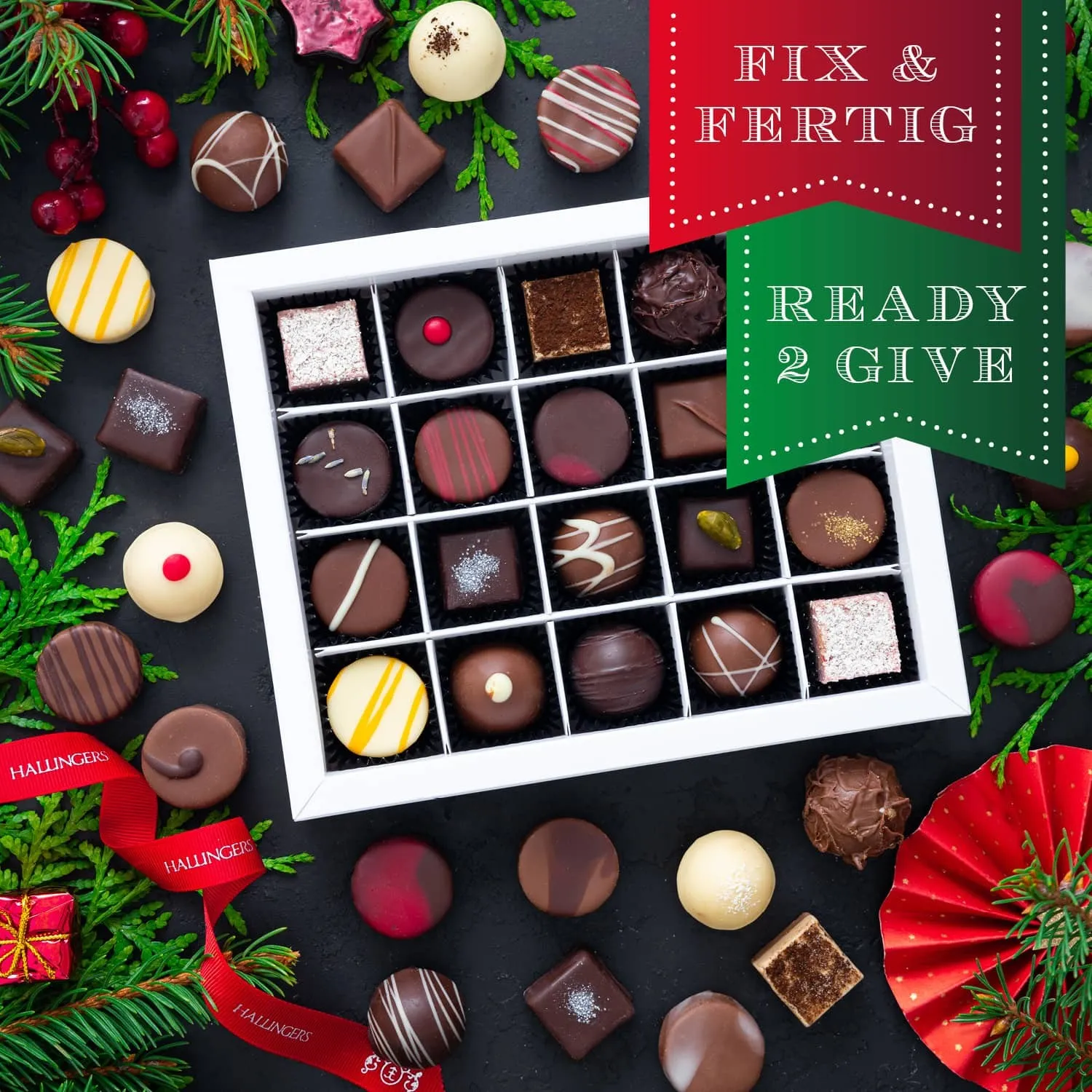 HANDWERK STATT MASSENWARE - Edition \Frohe Weihnachten Kranz\: Vergiss billig produzierte Standard-Pralinen mit schöner Verpackung - entscheidend ist nicht nur der erste Eindruck, sondern der Geschmack, der noch lange in Erinnerung bleibt
