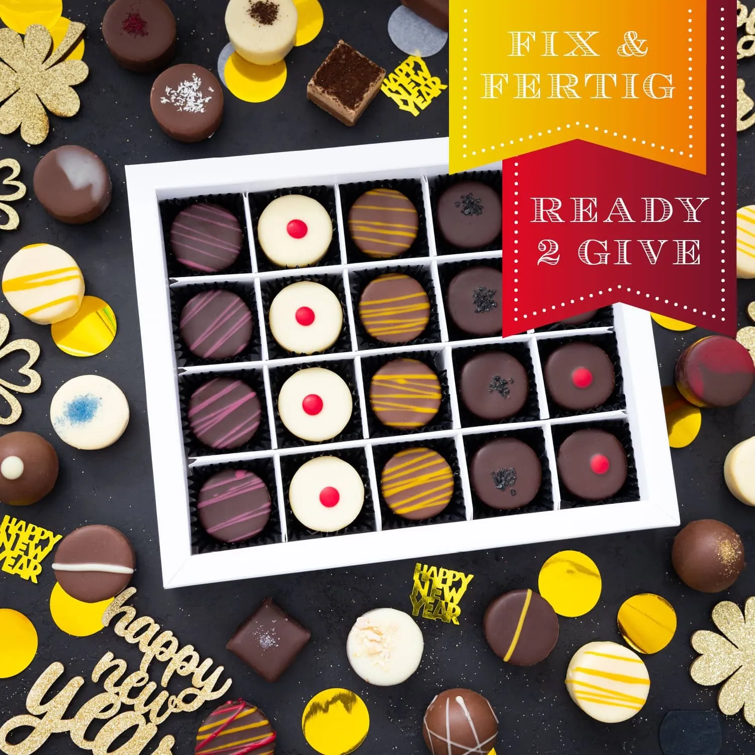 HANDWERK STATT MASSENWARE - Edition \Happy New Year\: Vergiss billig produzierte Standard-Pralinen mit schöner Verpackung - entscheidend ist nicht nur der erste Eindruck, sondern der Geschmack, der noch lange in Erinnerung bleibt